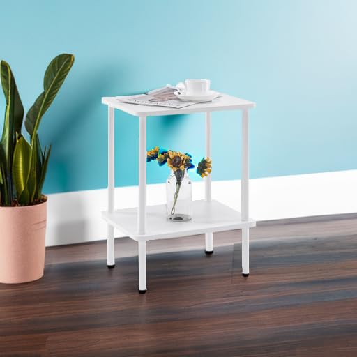 Apicizon 2 Tier End Table with Storage Shelf - Boho Nightstand & Side Table for Small Spaces - Easy Assembly White Farmhouse Bedside Table for Bedroom, Living Room, Entryway - Perfect for Reading Nook, Coffee Table Companion & Apartment Decor