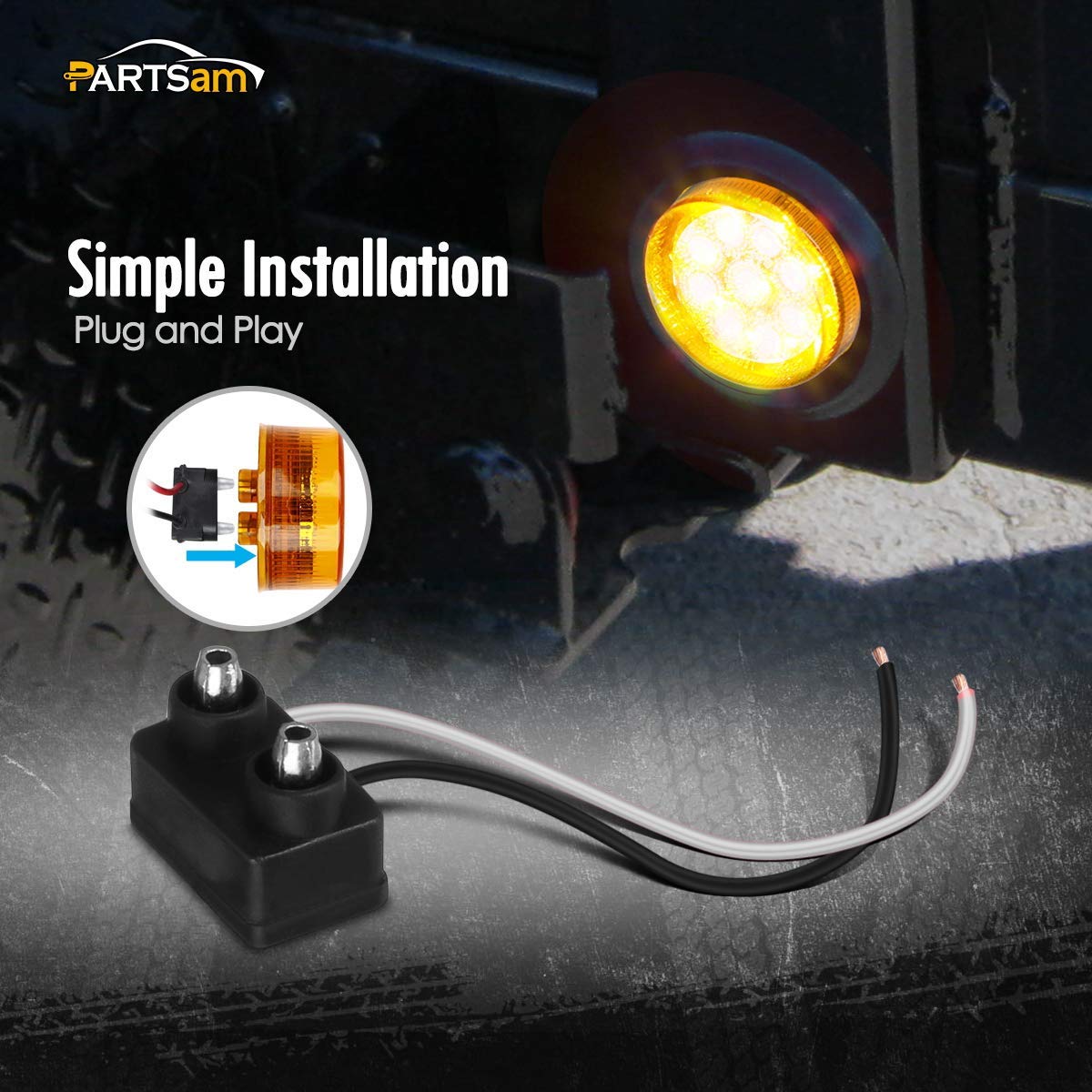 Partsam 4Pcs 2-Inch Round LED Side Marker Lights Kit - 9 Diodes, Flush Mount with Reflectors, Grommet & Pigtails - Waterproof Amber & Red Lights for Trailers, Trucks & RVs - Perfect for Night Driving and Road Safety