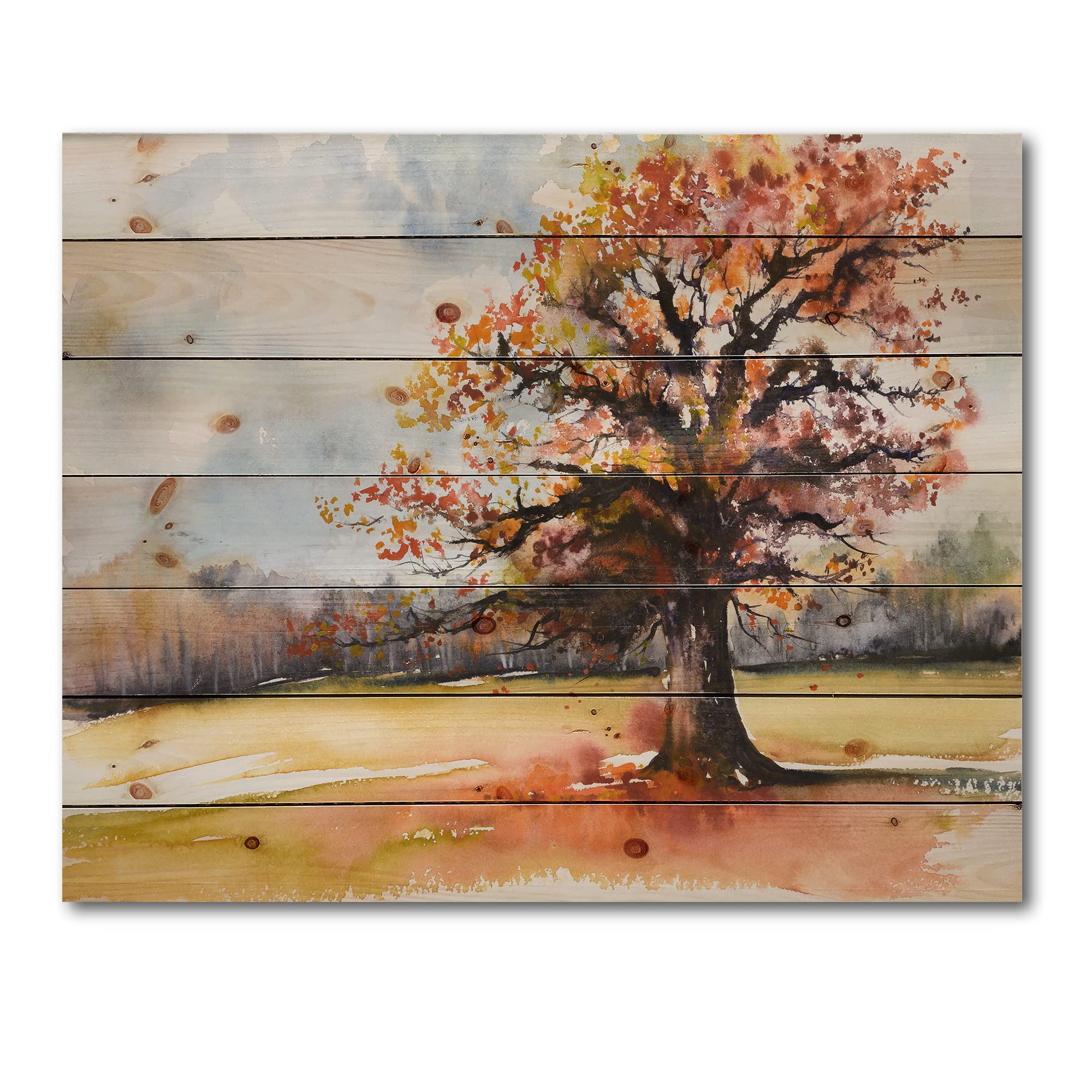 Lone Oak in the Fields with Autumn Leaves - Traditional Wood Wall Art Decor, Orange Landscape Wood Panel, Large Pine Wood Wall Hanging for Living Room, Bedroom & Office Decor