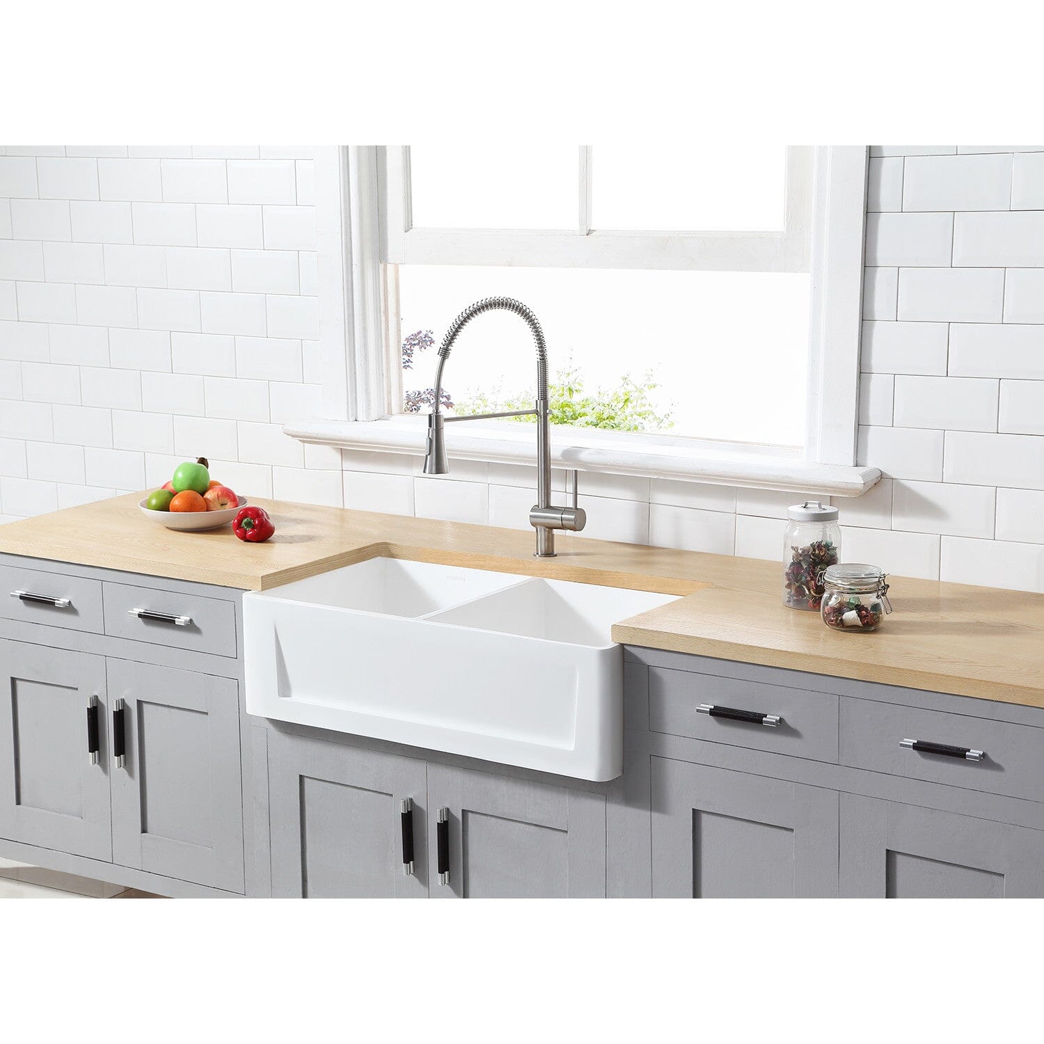 Arcticstone 33 Inch White Farmhouse Kitchen Sink - Solid Surface Apron Front Double Bowl with 2 Strainers | Perfect for Modern Farmhouse, Rustic & Country Style Kitchens