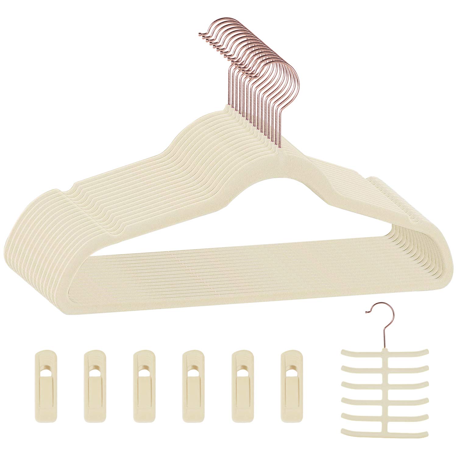 Premium Velvet Suit Hangers 50 Pack - Heavy Duty Non-Slip Clothes Hangers with 6 Finger Clips & Tie Rack for Men & Women - Space Saving Wardrobe Organizer for Closet, Suits, Dresses & Coats (Beige)