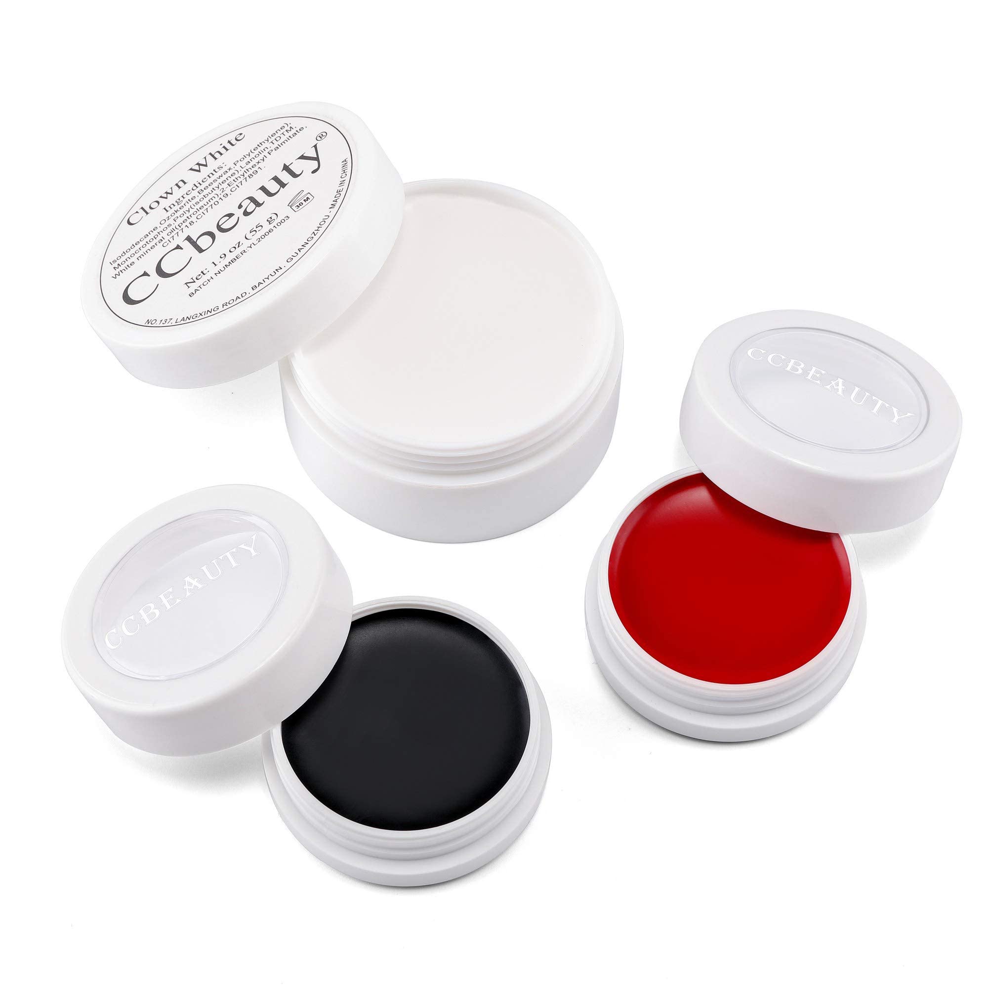 CCbeauty Professional Clown Makeup Kit - White, Black & Red Face Paint with 6 Wooden Brushes, Red Nose & Foundation Cream | Perfect for Joker Costume, Vampire Halloween & Cosplay Dress Up