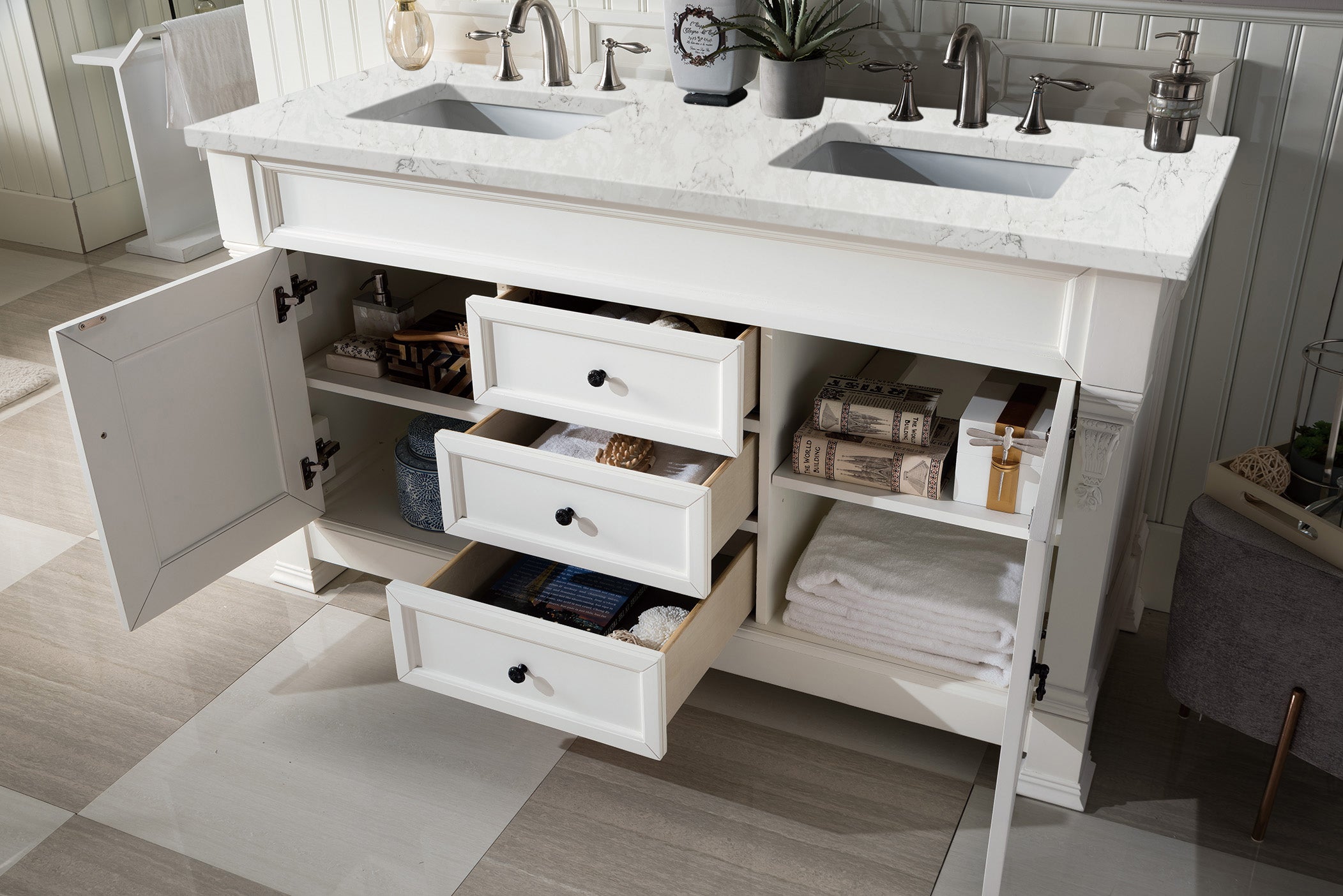 Brookfield 60 Inch Double Vanity with 3CM Eternal Jasmine Pearl Quartz Top in Bright White - Perfect for Modern Bathroom Renovations and Master Suites