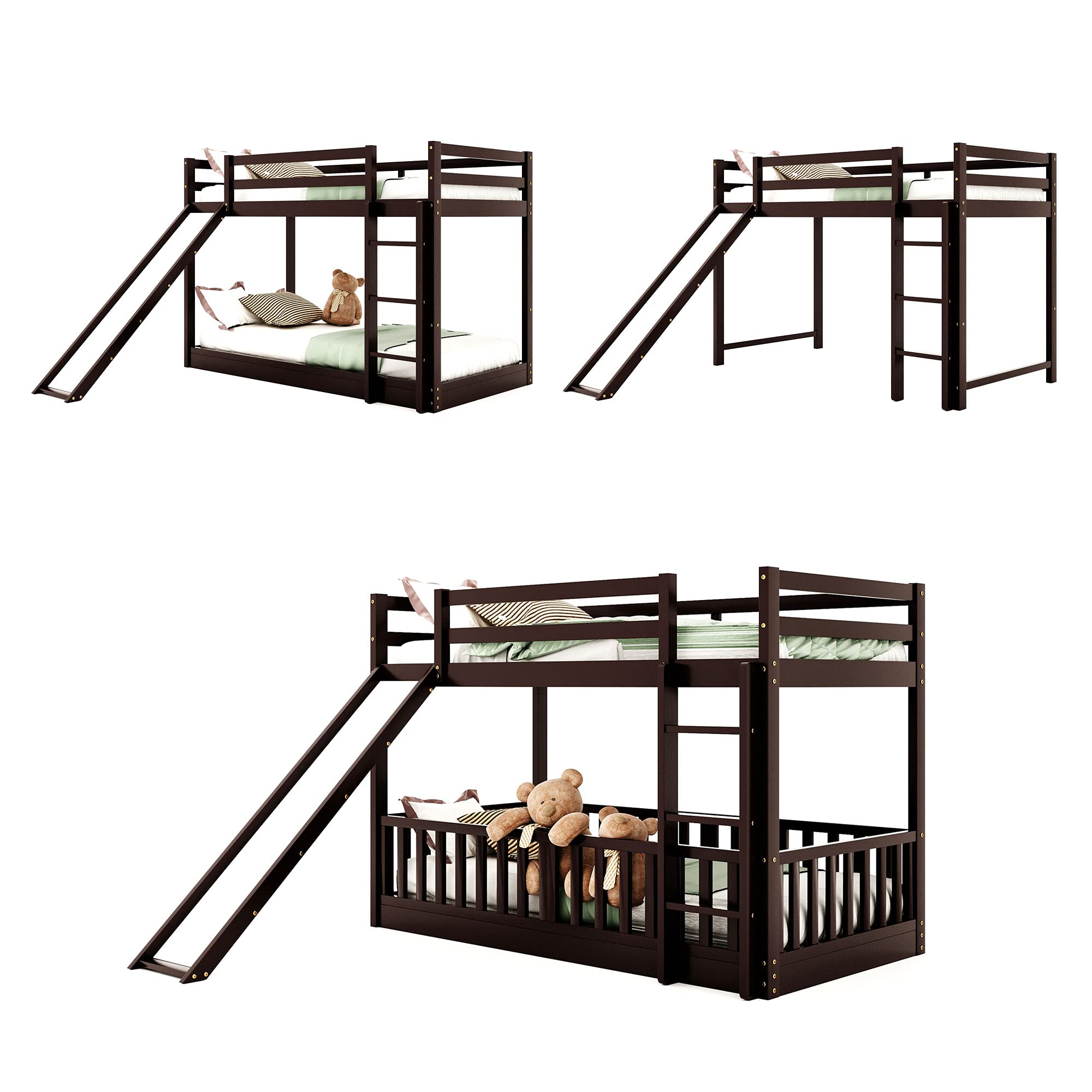 Harper & Bright Designs Twin Over Twin Low Bunk Bed with Slide - Solid Wood Kids Bunk Bed for Boys & Girls, No Box Spring Needed, Espresso Finish - Perfect for Small Bedrooms, Shared Kids Rooms & Sleepovers