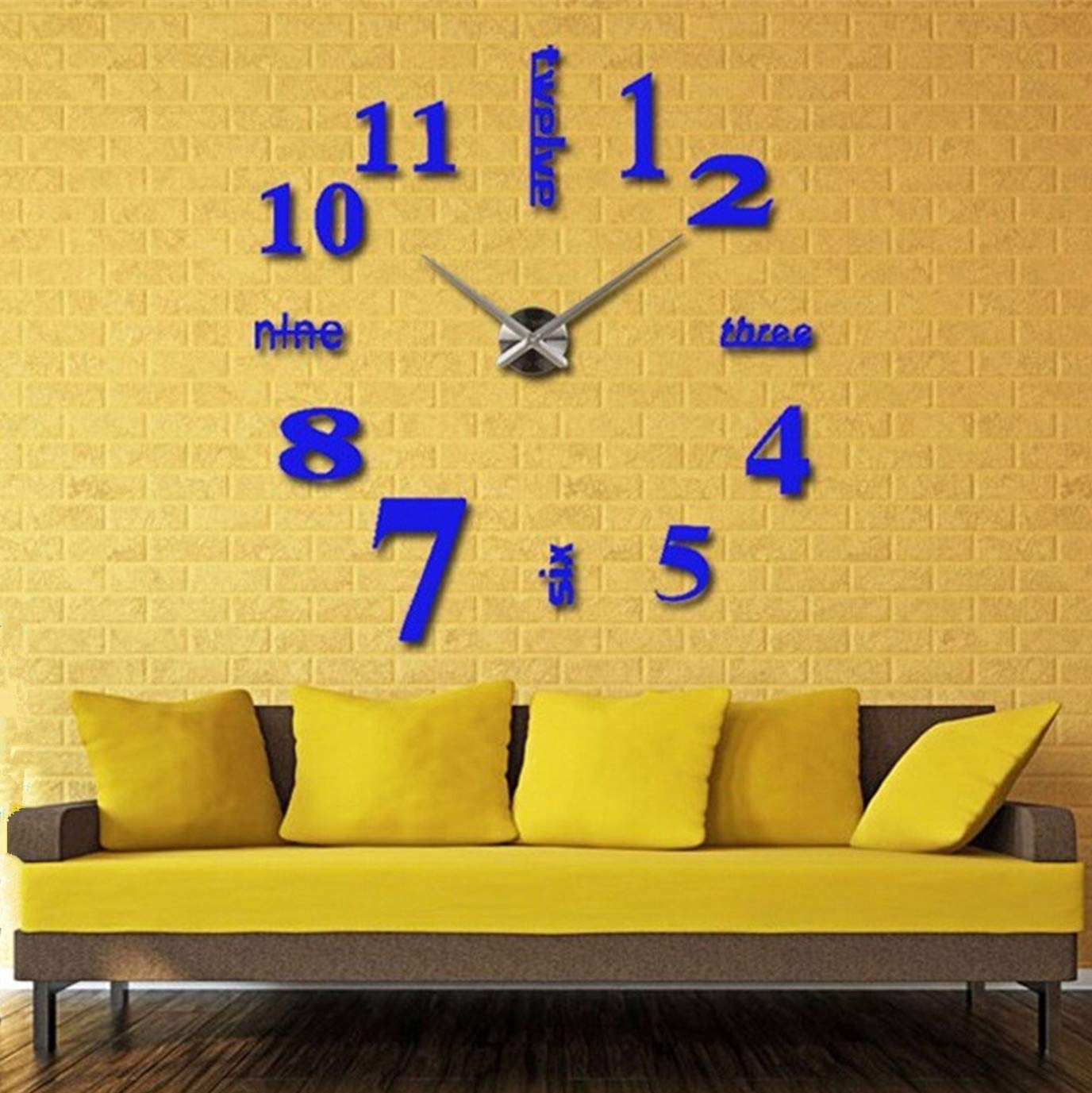 Elikeable Modern 3D Frameless Large DIY Wall Clock - Silent Non-Ticking Home Decor for Living Room, Bedroom, Office | Silver-Blue | Perfect for Home, Office & Gift Giving