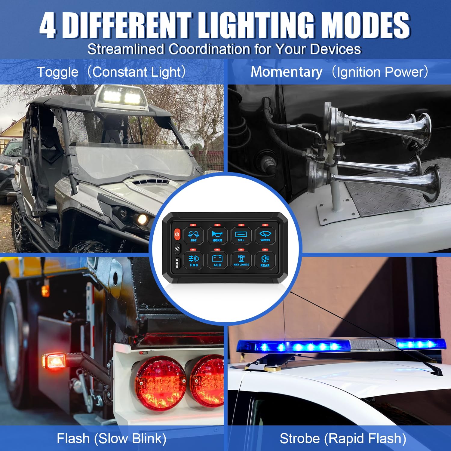 8 Gang Switch Panel with RGB LED & 5-Level Brightness Control - Universal Automotive Relay System for RV, Truck, ATV, UTV, Boat, Marine, SUV - Perfect for Interior Lighting & Accessory Control