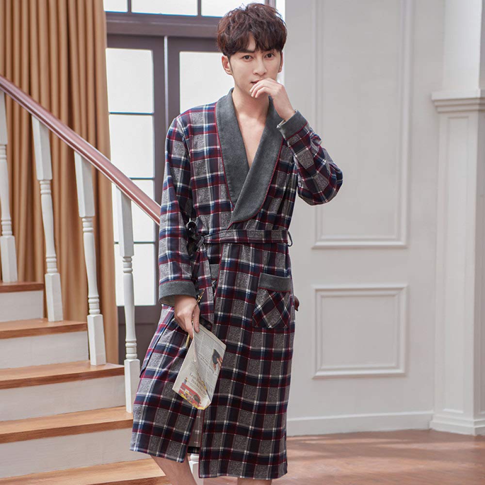 SDCVRE Men's Winter Plaid Nightgown Pajamas Set - 100% Cotton Long Bathrobe & Dressing Gown for Autumn/Winter - Cozy Luxury Sleepwear for Home Lounging, Relaxation & Spa Days