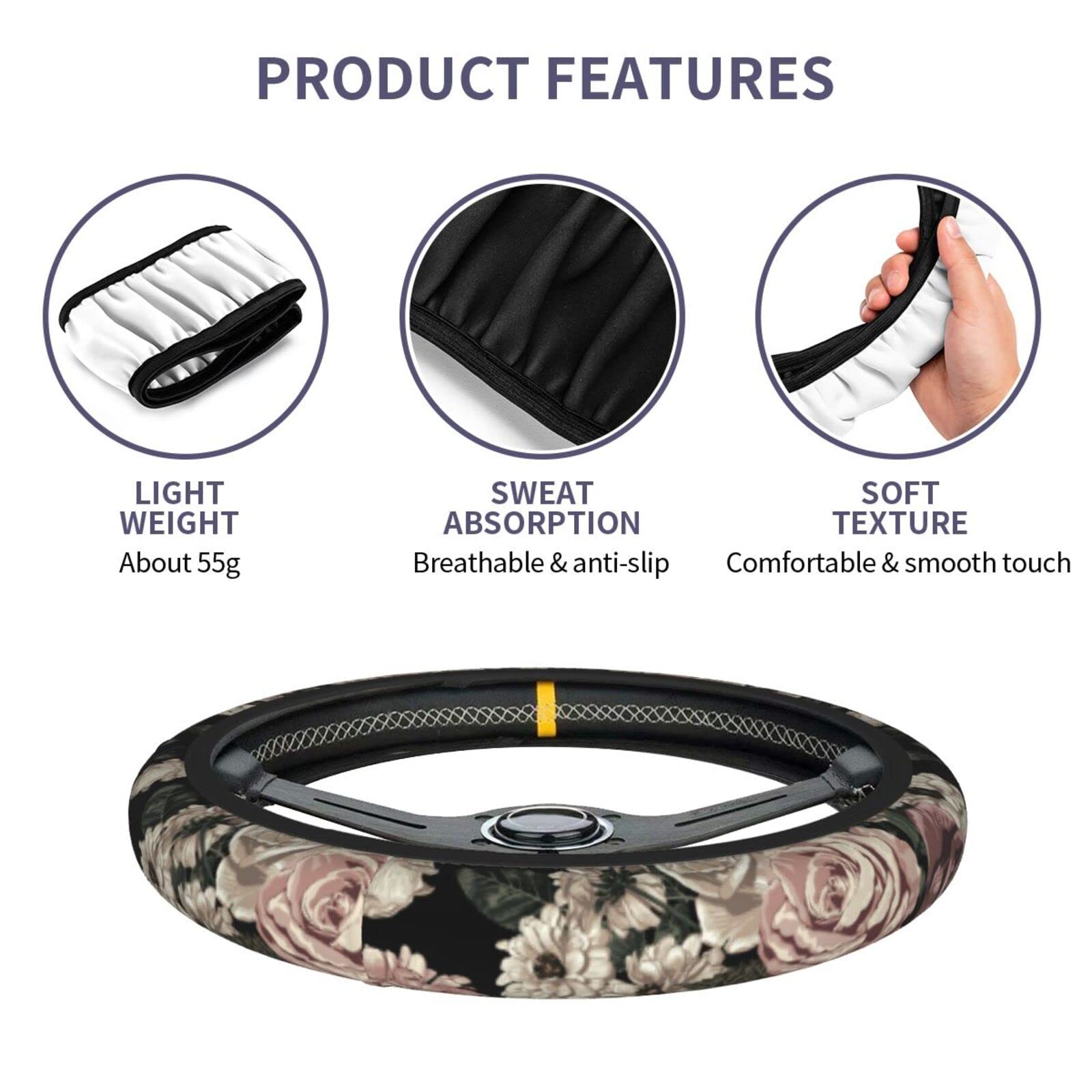15 Inch Universal Elegant Rose Flower Steering Wheel Cover - Retro Floral Print Neoprene Car Wheel Protector - Cute Automotive Accessory for Women's Cars - Perfect for Daily Commute & Road Trips