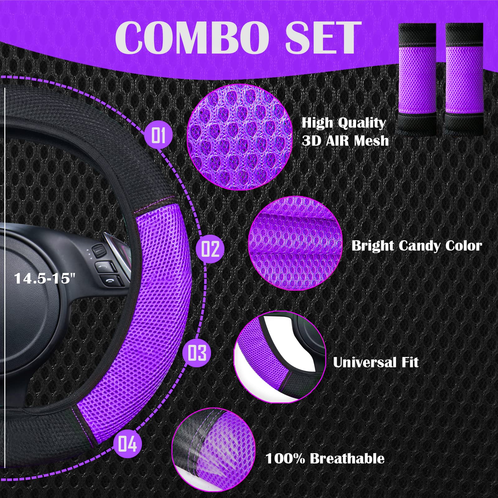 Universal 13PCS 3D Air Mesh Seat Covers Set - Breathable for SUV & Truck - Black/Purple for Women Drivers