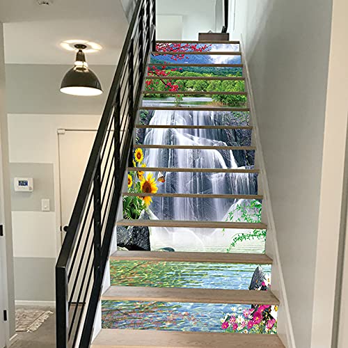 13-Piece 3D Waterfall Peel and Stick Stair Stickers - Self-Adhesive Stair Riser Decals - Non-Slip Home Decor (39.37