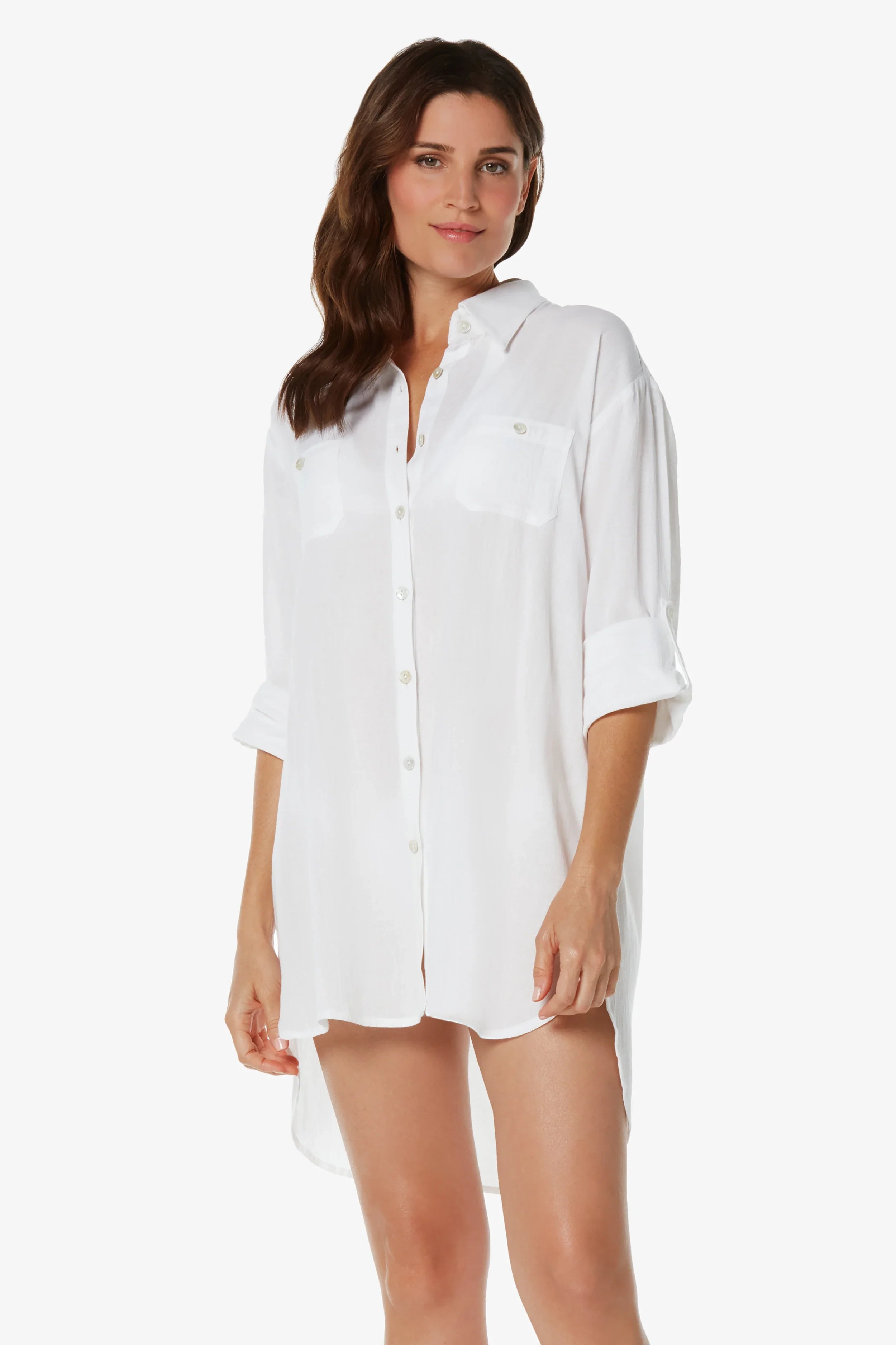 Stylish White Camp Shirt Cover Up for Women - Lightweight Beachwear & Summer Vacation Outfit - Perfect for Poolside, Beach Trips, and Casual Outings