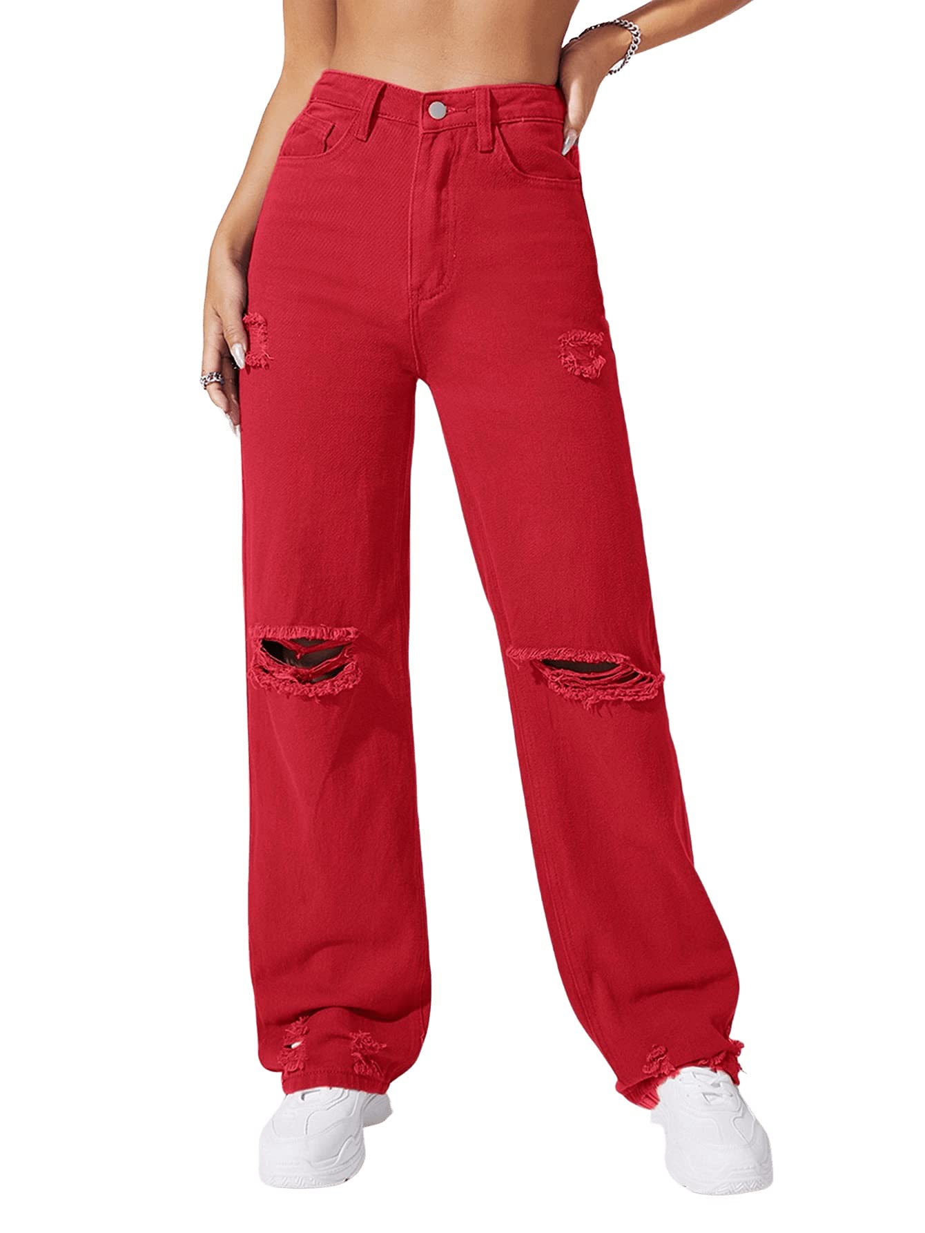 SweatyRocks Women's Casual Loose Ripped Distressed Denim Pants - High Waisted Wide Leg Jeans for Streetwear & Boho Fashion | Perfect for Everyday Wear, Outfits & Comfort