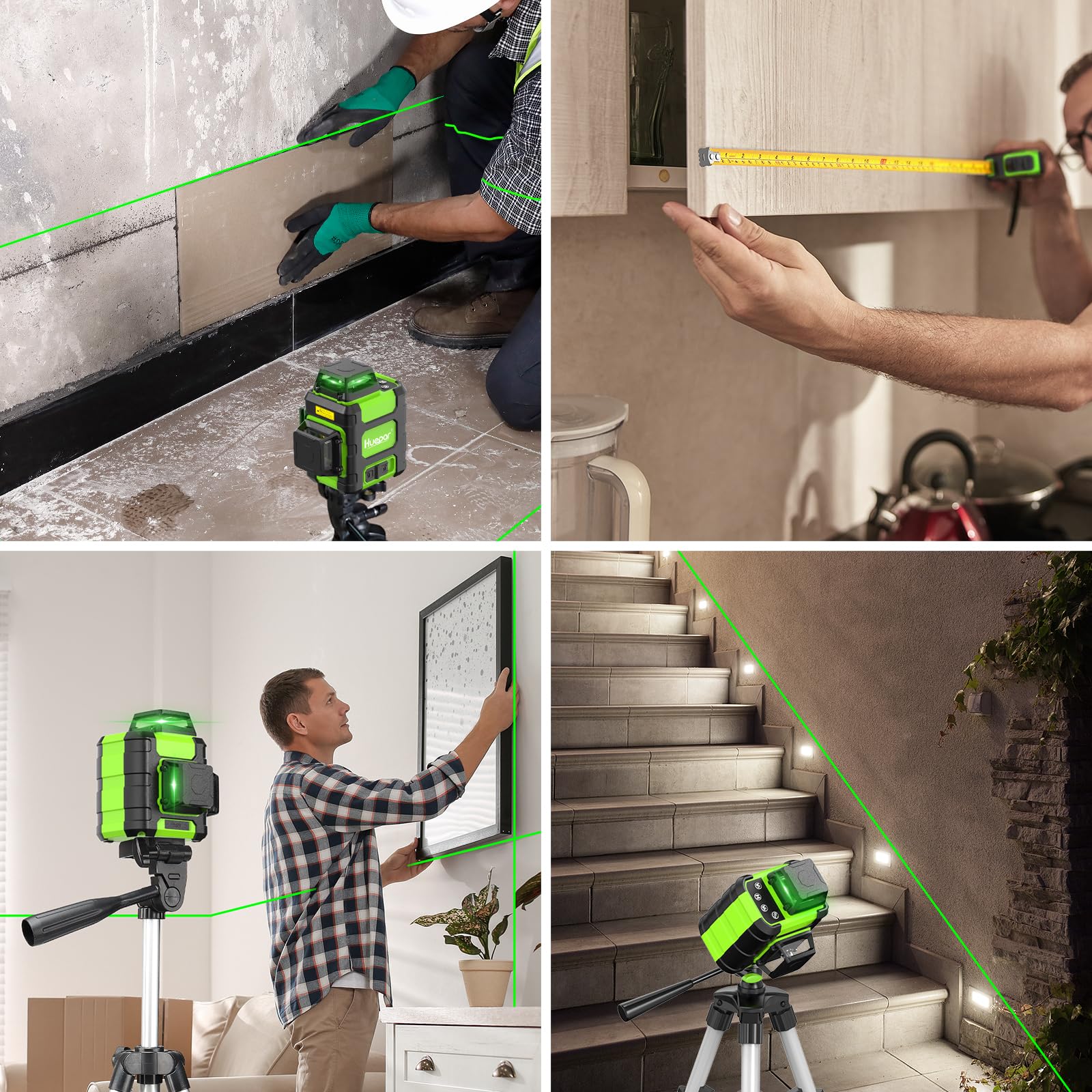 Huepar HM03CGTP 3D Cross Line Laser Level - 3 x 360° Self-Leveling Green Beam with Li-ion Battery, USB-C Charging, Hard Case & Tape Measure | Perfect for Construction, Renovation, Tile Installation & DIY Home Projects