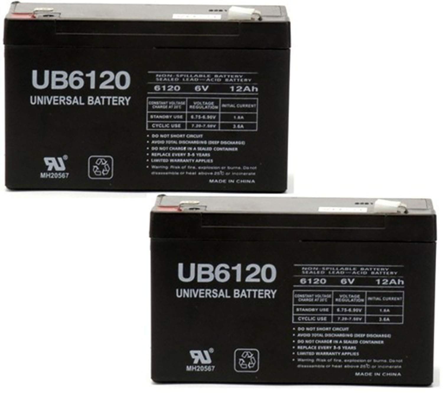 Universal Power Group AWM Sealed Lead Acid Batteries 6V 12Ah (2 Pack) - 187 Tab Terminals UB6120 - Rechargeable Battery for Emergency Lights, Security Systems & Medical Equipment