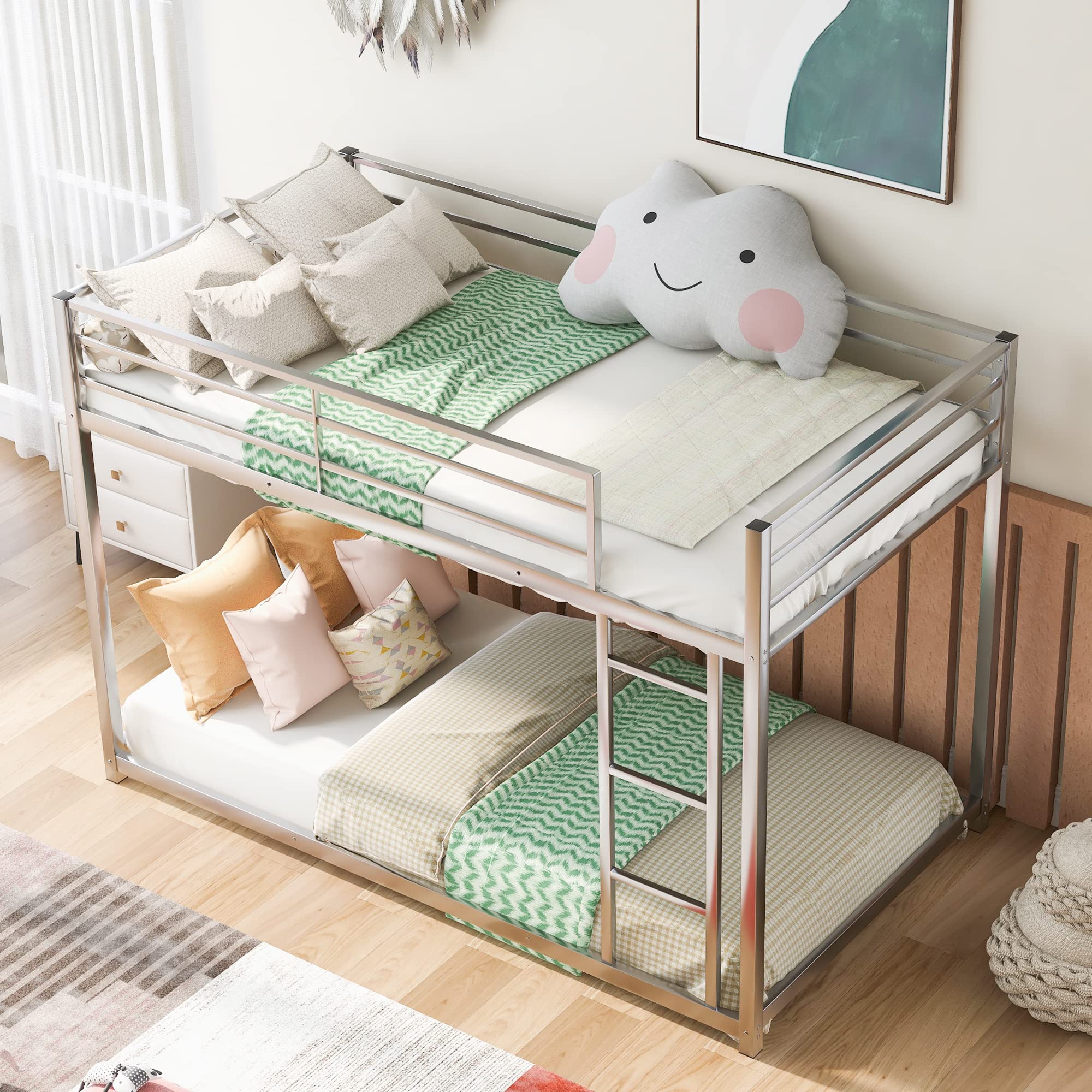Metal Bunk Bed Twin Over Twin - Sturdy Low Bunk Bed Frame with Ladder & Guardrail for Teens & Adults - Heavy Duty Metal Bed Frame for Dorm, Bedroom or Guest Room - Easy Assembly, No Box Spring Needed (Silver, Twin Size)