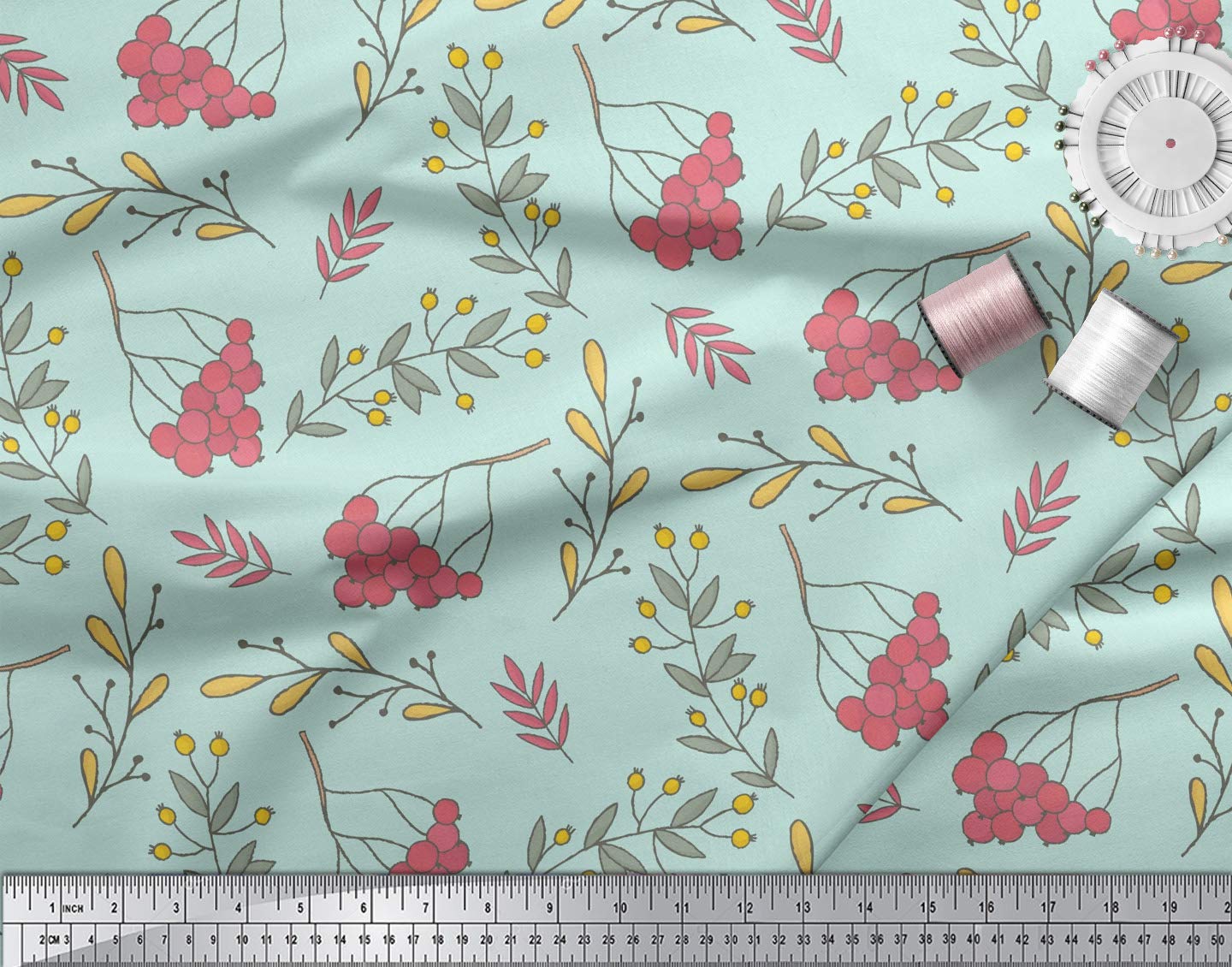 Soimoi Moss Georgette Green Fabric by The Yard - 42 Inch Wide Printed Fabric with Red Berries & Leaves Design - Festive and Timeless Patterns for Seasonal Decor, DIY Crafts, and Home Decoration Projects