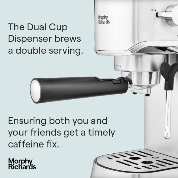 Morphy Richards Compact Espresso Machine with Milk Frother - 1L Water Tank, Dual Cup, Variable Steam Control - Works with Ground Coffee & ESE Pods - Stainless Steel (Model 172022) - Perfect for Home, Office or Small Cafes