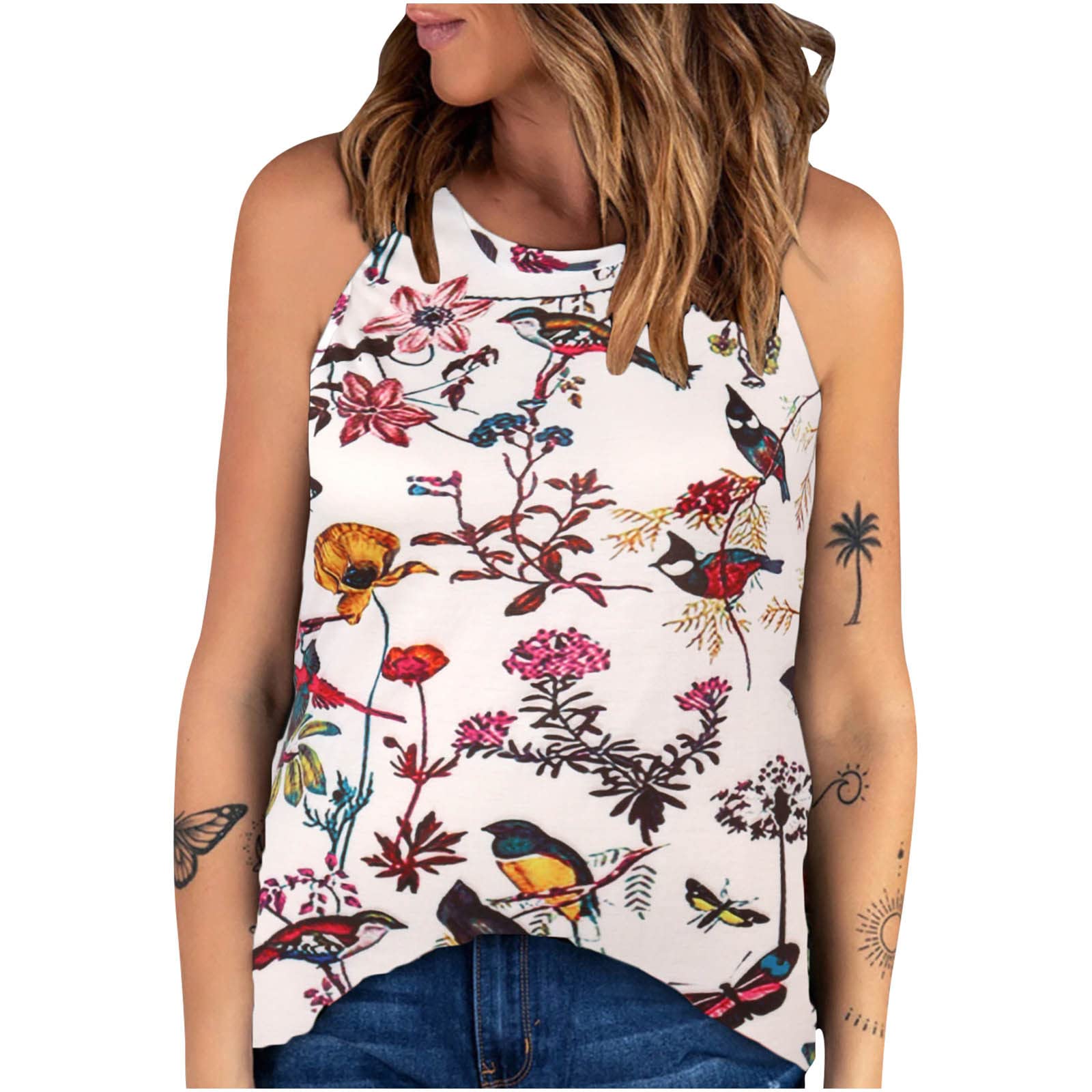 Women's Floral Bird Print Sleeveless Tank Top - Crew Neck Summer Tee Shirt for Teen Girls | Casual Wear, Beach Outfits & Spring Fashion