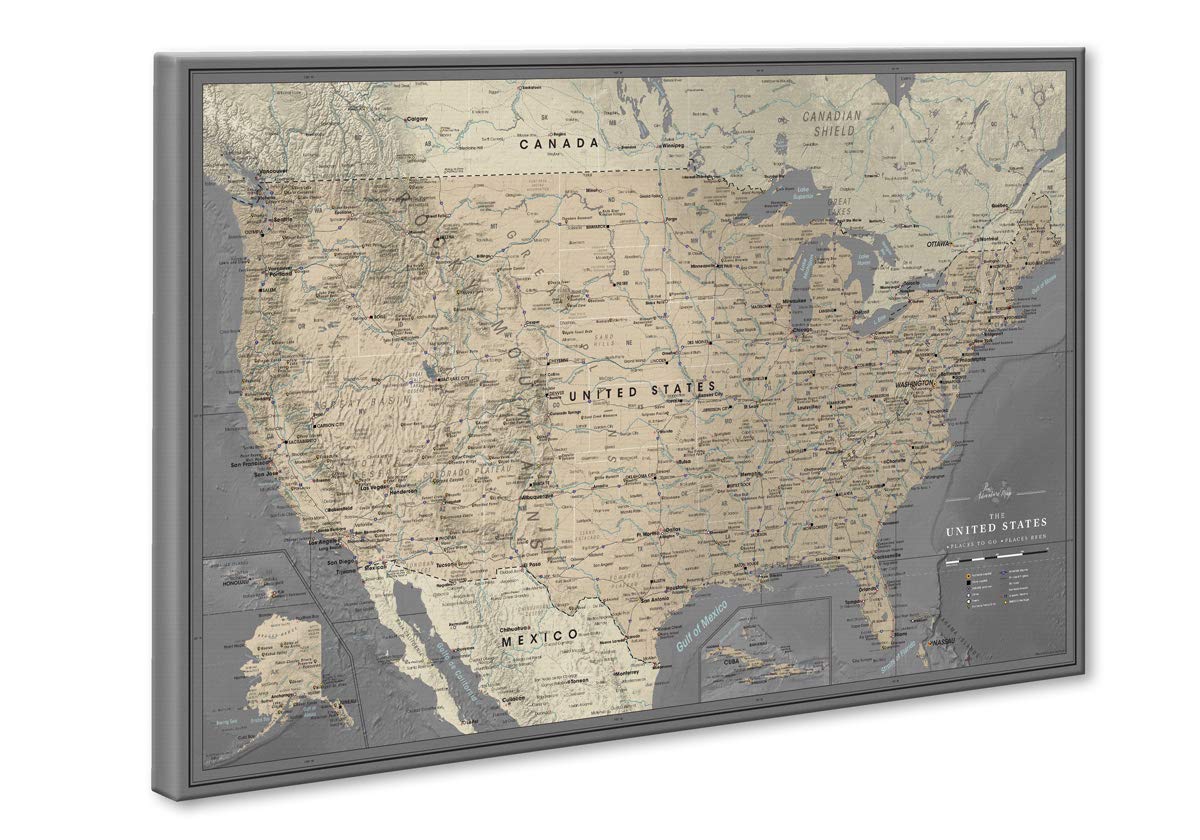 USA Travel Map Pin Board - National Park Push Pin Map for Wall Decor | Detailed Canvas Wall Map with Cartography (35 x 24) | Perfect for Travel Enthusiasts, Home Office & Adventure Planning