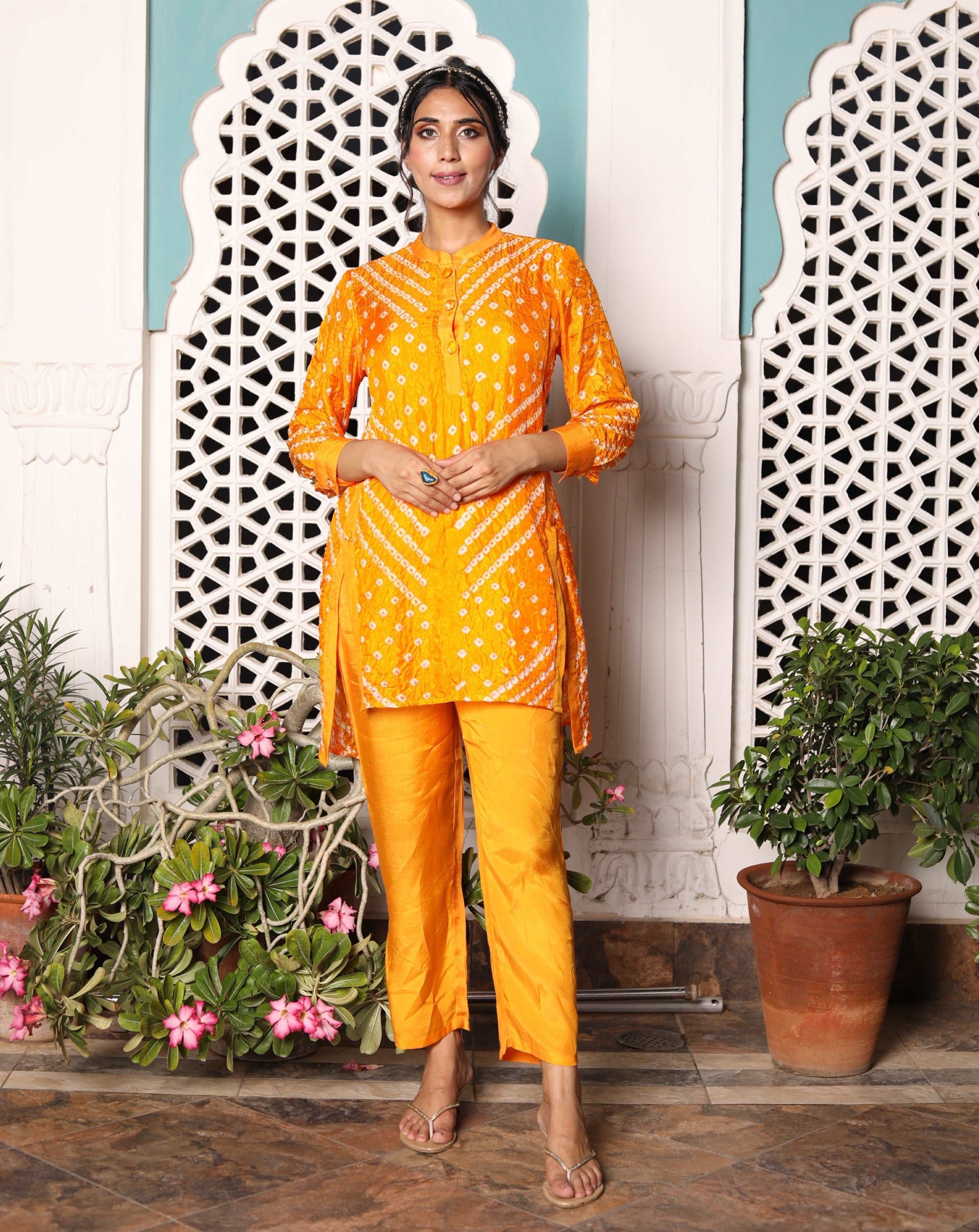 Stylish Bandhej Orange Festive Kurta Pants Set for Women - Perfect for Diwali, Weddings & Special Occasions