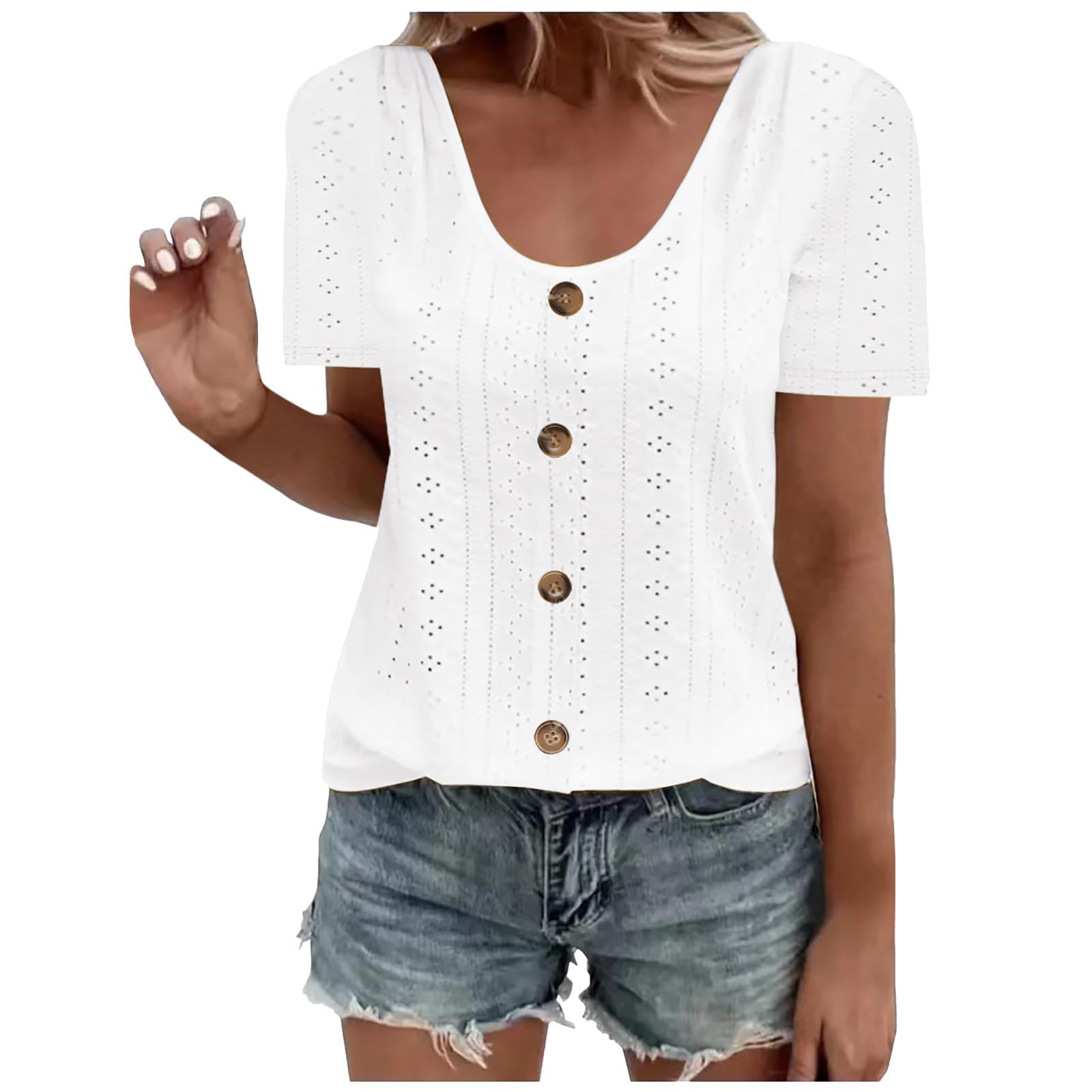 Women's Summer Crochet T-Shirt - Short Sleeve Scoop Neck Tunic Top with Trendy Button Details - Plus Size Casual Blouse & Dressy Tee for Beach, Vacation and Everyday Wear