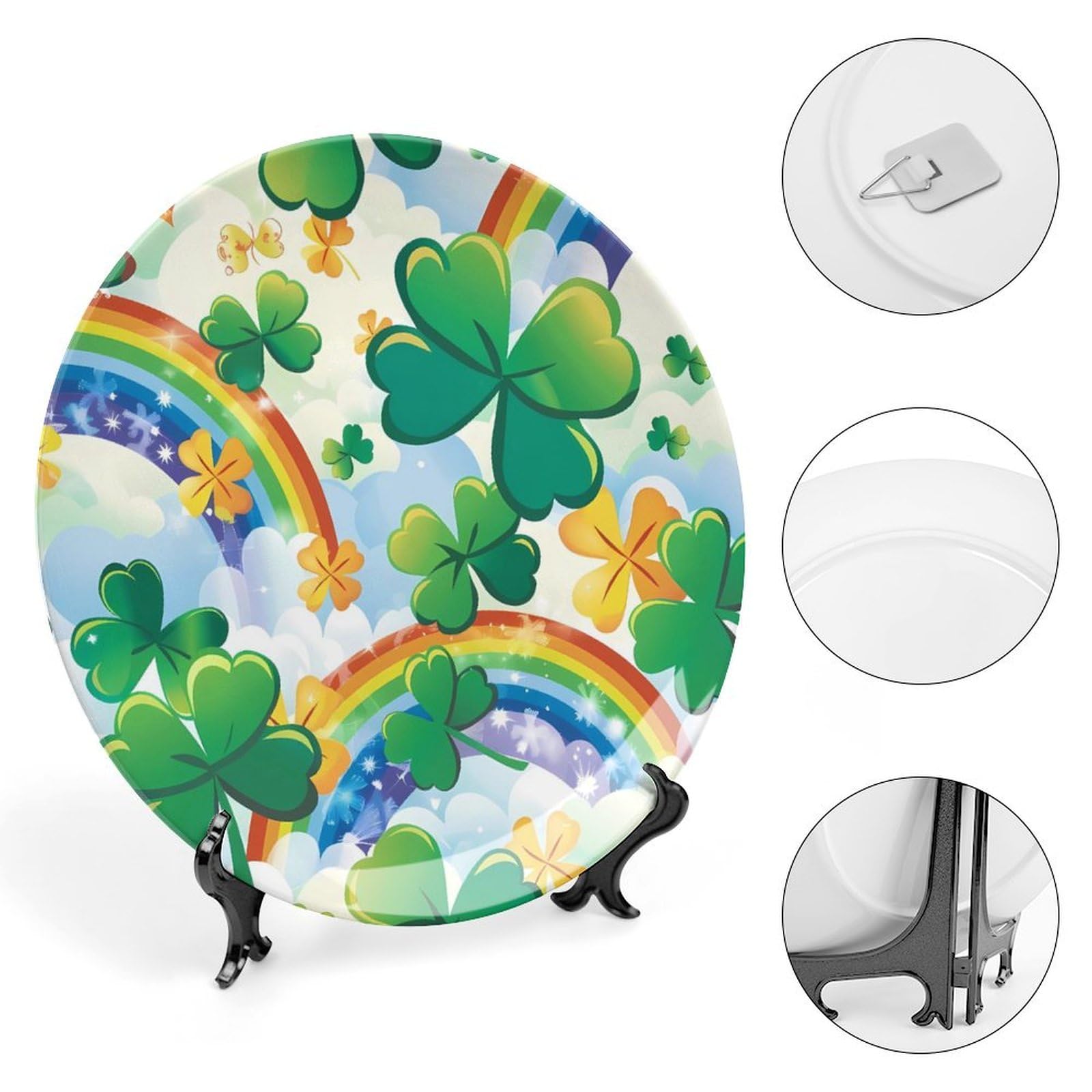 St. Patrick's Day Shamrock Clover Rainbow Ceramic Decorative Plates - 4-Piece Set with Stand for Kitchen, Dining Room & Home Decor - Perfect for Irish Themed Parties, Holiday Display & Festive Table Settings