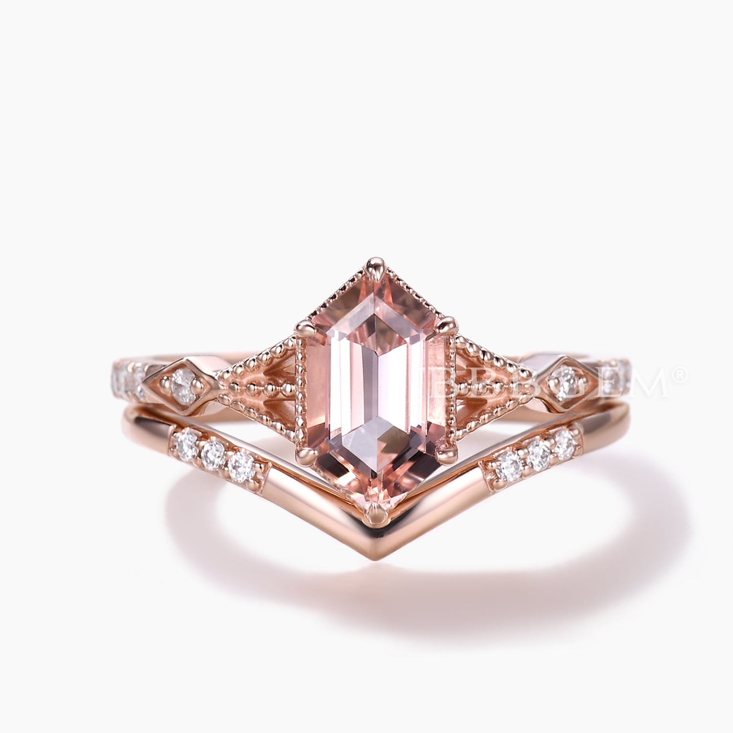 Vintage Morganite and Diamond Engagement Ring Set in Rose Gold - Art Deco Hexagon Wedding Band for Women | Perfect for Proposals, Anniversaries, and Bridal Jewelry