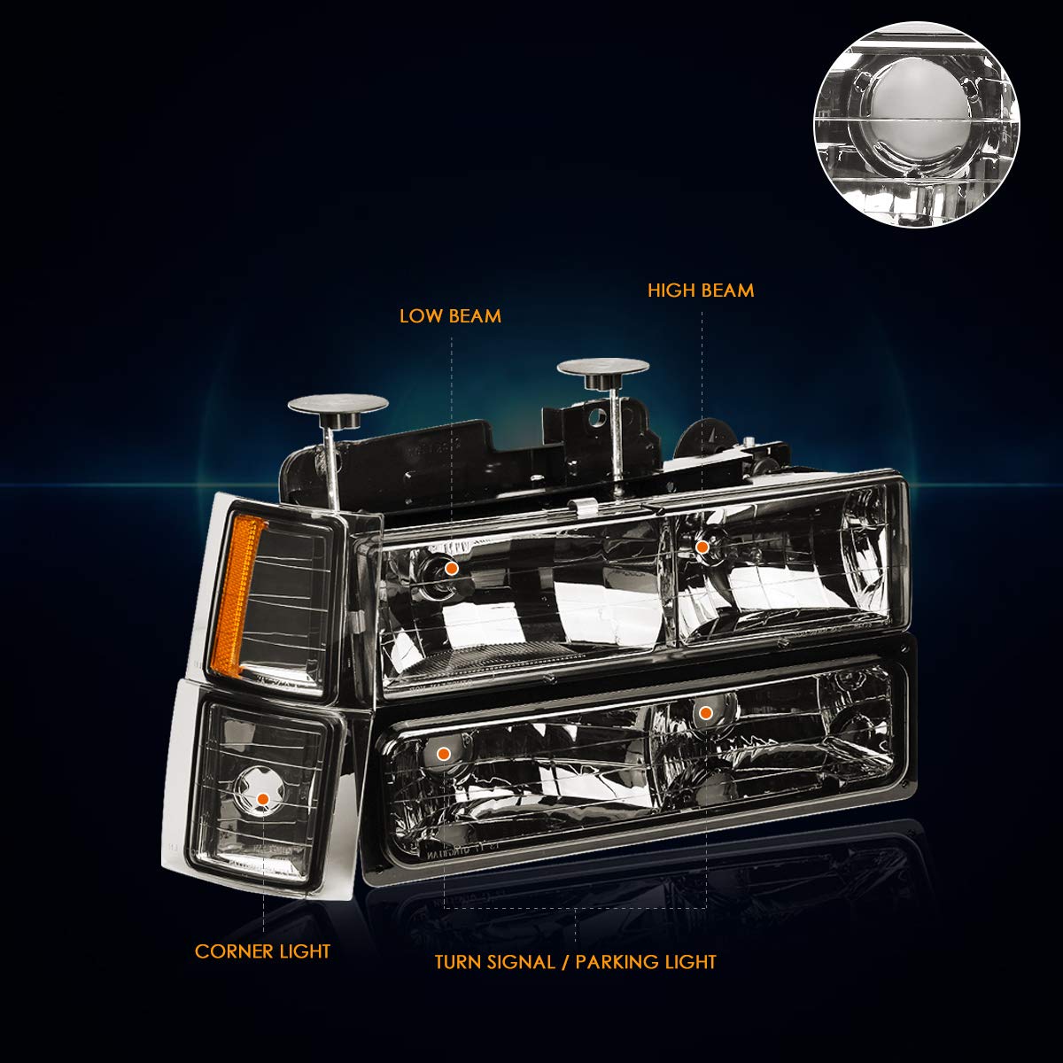PM PERFORMOTOR Headlight Assembly Compatible with 1994-1999 Chevy C/K Pickup & Suburban - Smoked Lens with Amber Corner Lights | Replacement for Foggy/Broken Headlamps | Perfect for Night Driving & Off-Road Adventures