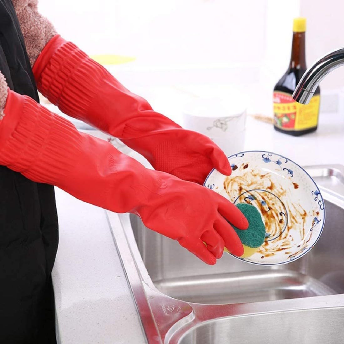 QTM Rubber Cleaning Gloves - Waterproof Reusable Dishwashing Gloves (1 Pair) - Perfect for Kitchen Cleaning, Dish Washing & Household Chores