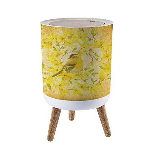 Small Trash Can with Lid - 1.8 Gallon Spring Circle Design with Yellow Flowers & Bird Motif, Round Press Cover Waste Bin - Dog Proof Garbage Bin for Kitchen, Bathroom, Living Room | Perfect for Home, Office & Pet-Friendly Spaces