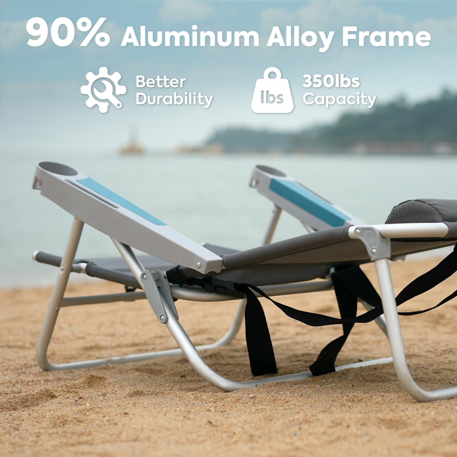 ICECO Heavy Duty Folding Beach Chair for Adults - 5 Position Reclining Portable Outdoor Chair with Cup Holder - 350lb Capacity for Beach, Camping, Lawn, Picnic, Backyard & Travel