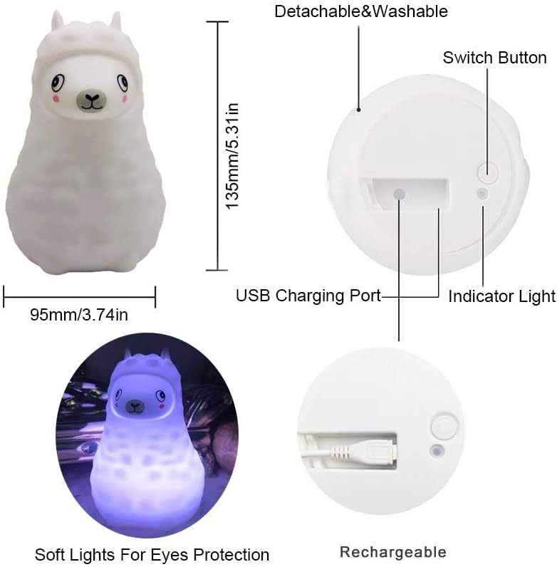 Rechargeable Alpaca Night Light for Kids - Soft Silicone LED Bedside Lamp with Adjustable Brightness & Colors, Touch & Remote Control - Perfect for Nursery, Bedroom, and Sleep Aid
