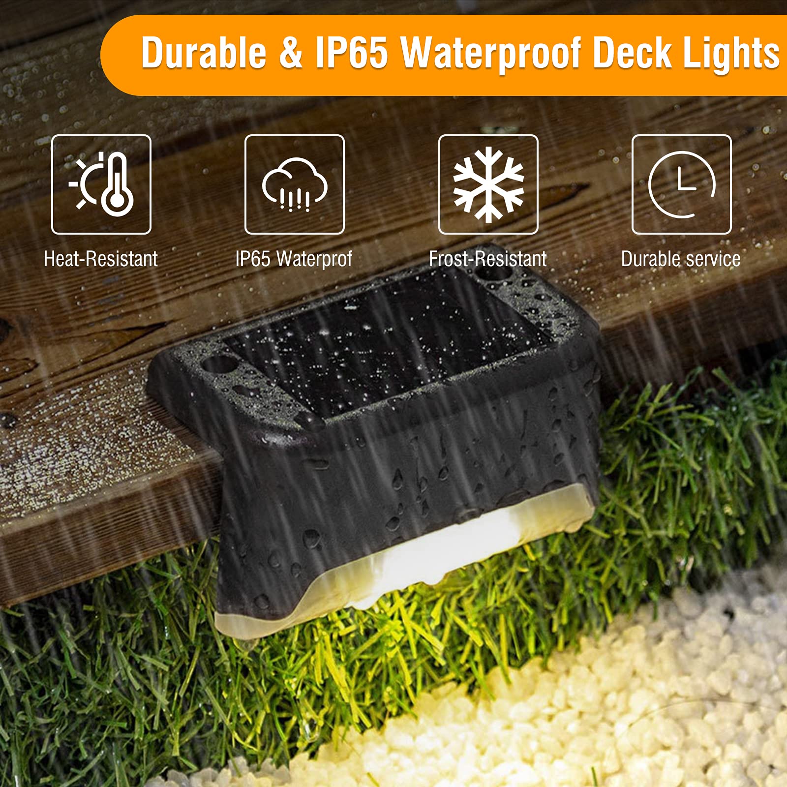 **4 Pack Solar Deck Lights Outdoor - IP65 Waterproof LED Solar Step Lights for Stairs, Fence, Railing, Yard, Patio & Pathway - Warm White - Perfect for Nighttime Safety & Ambiance**