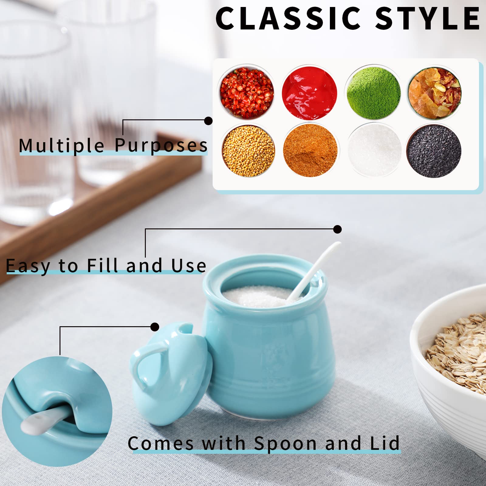 HAOTOP 12oz Porcelain Sugar Bowl with Lid & Spoon - Ceramic Salt & Spice Container for Kitchen, Dining & Coffee Tea Station - Elegant Blue Home Decor