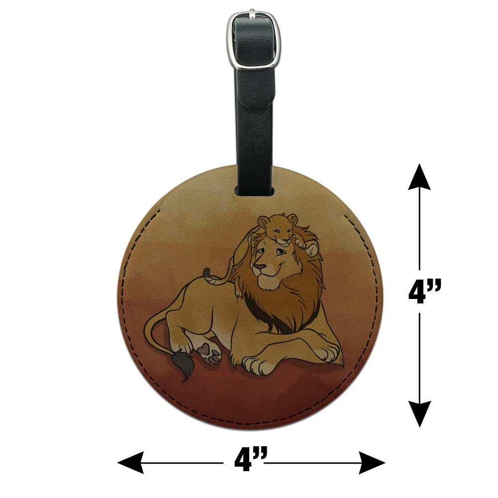 Dad Lion and Cub Round Leather Luggage Tag - Personalized Carry-On ID Tag for Suitcases & Travel Bags | Perfect for Family Trips, Business Travel & Vacation Identification