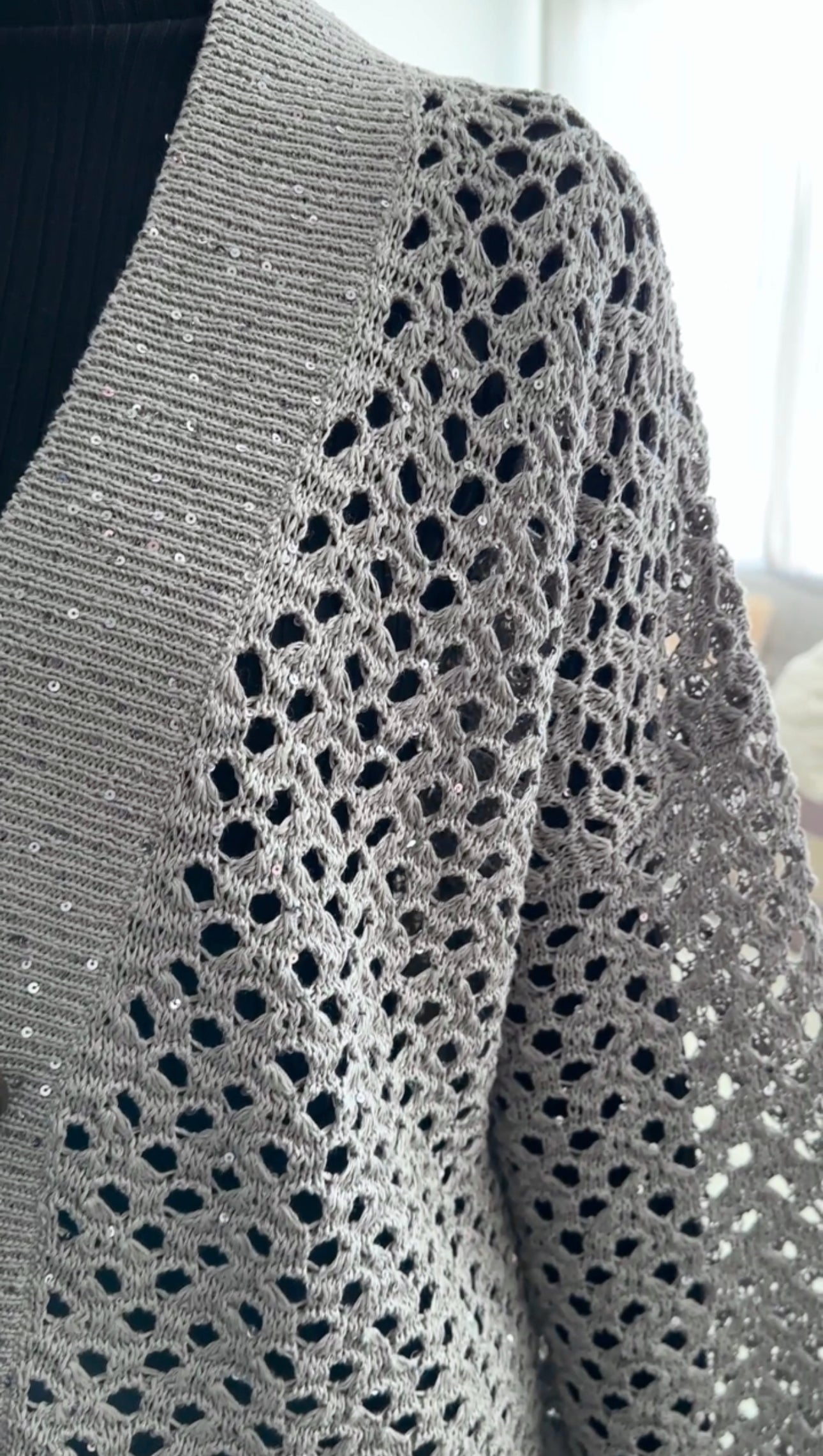 Brunello Cucinelli Grey Open Knit Sequin Cardigan Sweater for Women - Elegant Loose Fit Cashmere Blend Cardigan for Office, Party & Evening Wear
