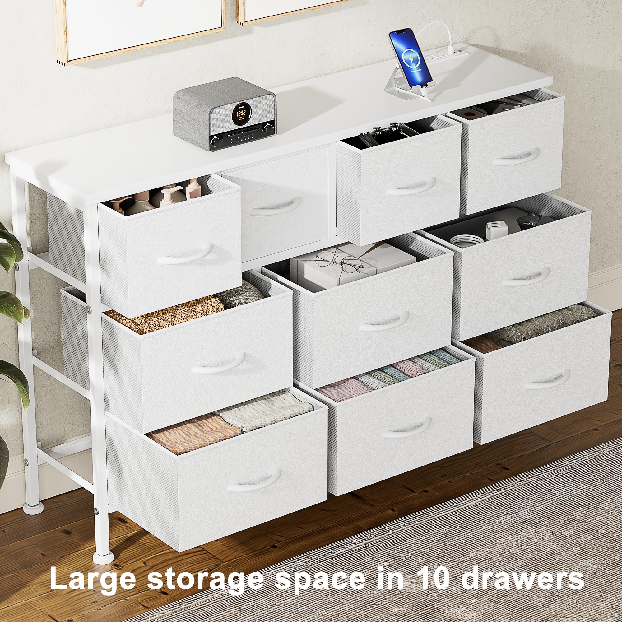 Lulive 10-Drawer White Dresser with Power Outlet - Bedroom Storage Organizer, TV Stand for 55