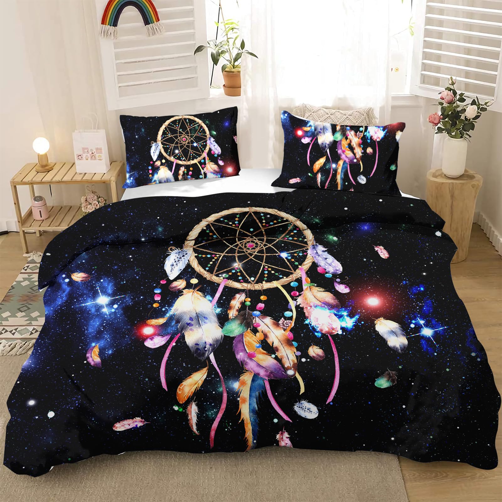 Bohemian Dream Catcher Comforter Set - 3 Piece Black & Colorful Summer Quilt with 2 Pillowcases for Twin Bed | Perfect for Teen Girls' Bedroom Decor, Dorm Room Essentials & Boho Chic Home Styling