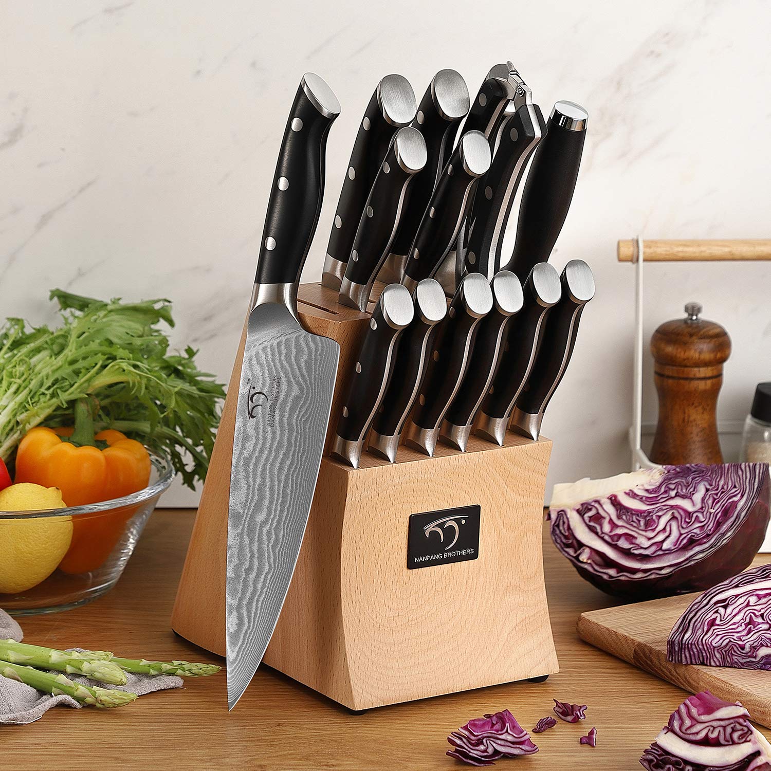 Premium Damascus Steel Kitchen Knife Set - 15-Piece Chef Knives with Wood Block, Ergonomic ABS Handles, Steak Knives, Knife Sharpener & Shears - Perfect for Home Cooking, Professional Chefs & Gift Giving