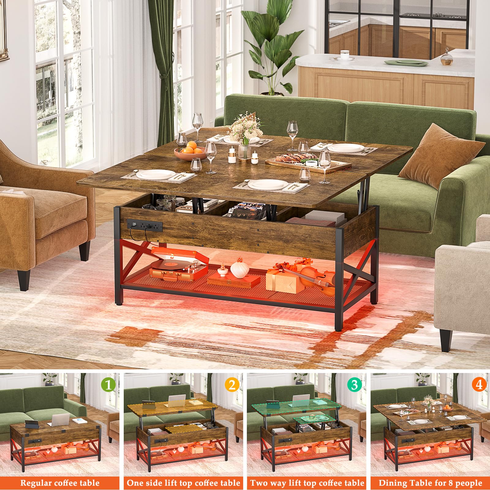 Aheaplus Lift Top Coffee Table with LED Lights & Power Outlets - Convertible Dining Table with Storage Shelves, Rustic Brown Center Table for Living Room, Home Office & Reception Areas | Perfect for Small Spaces, Entertaining Guests & Remote Work