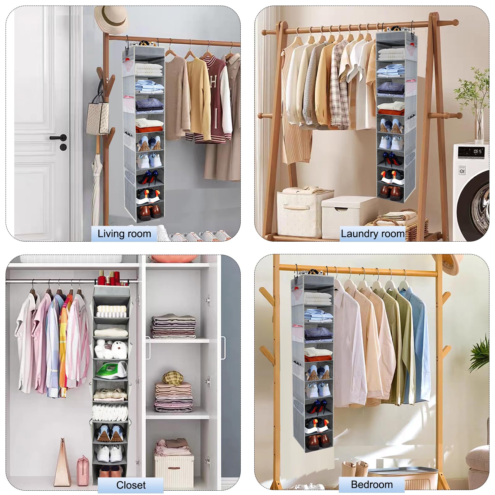 10-Shelf Large Hanging Shoe Organizer with 8 Side Pockets - Sturdy Closet Storage for Shoes, Clothes, Jeans & Toys (Grey) | Perfect for Bedroom, Closet & Dorm Organization