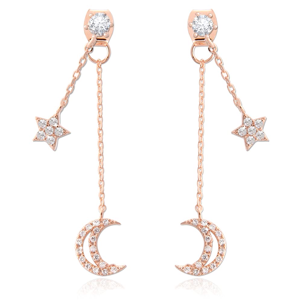 CZ Crescent Moon and Star Chain Drop Earrings Ear Jackets - Elegant Statement Jewelry for Evening Parties and Weddings