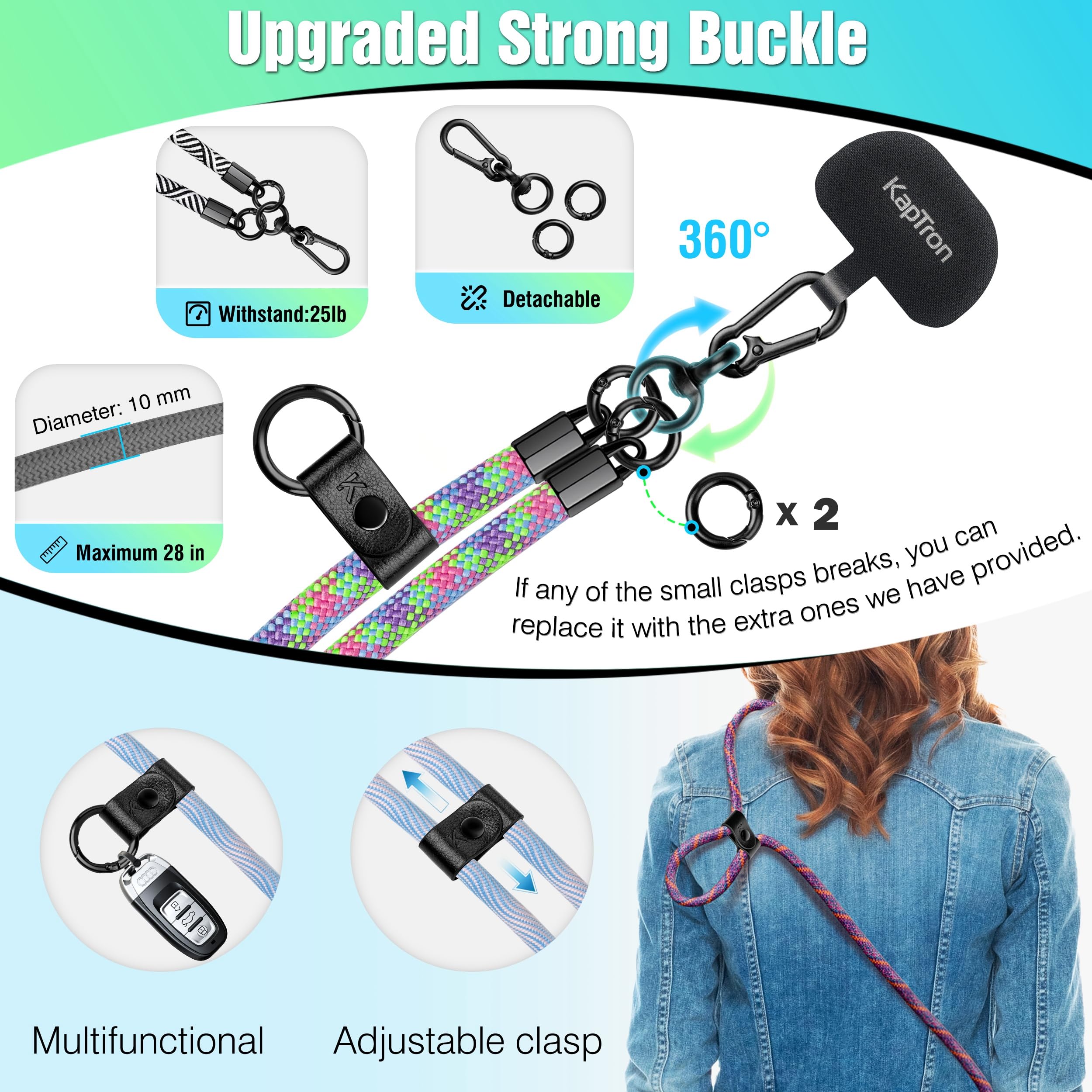 Kaptron Universal Adjustable Crossbody Phone Lanyard with Silicone Holder & Tethers - Hands-Free Phone Strap for Travel, Work, and Outdoor Activities