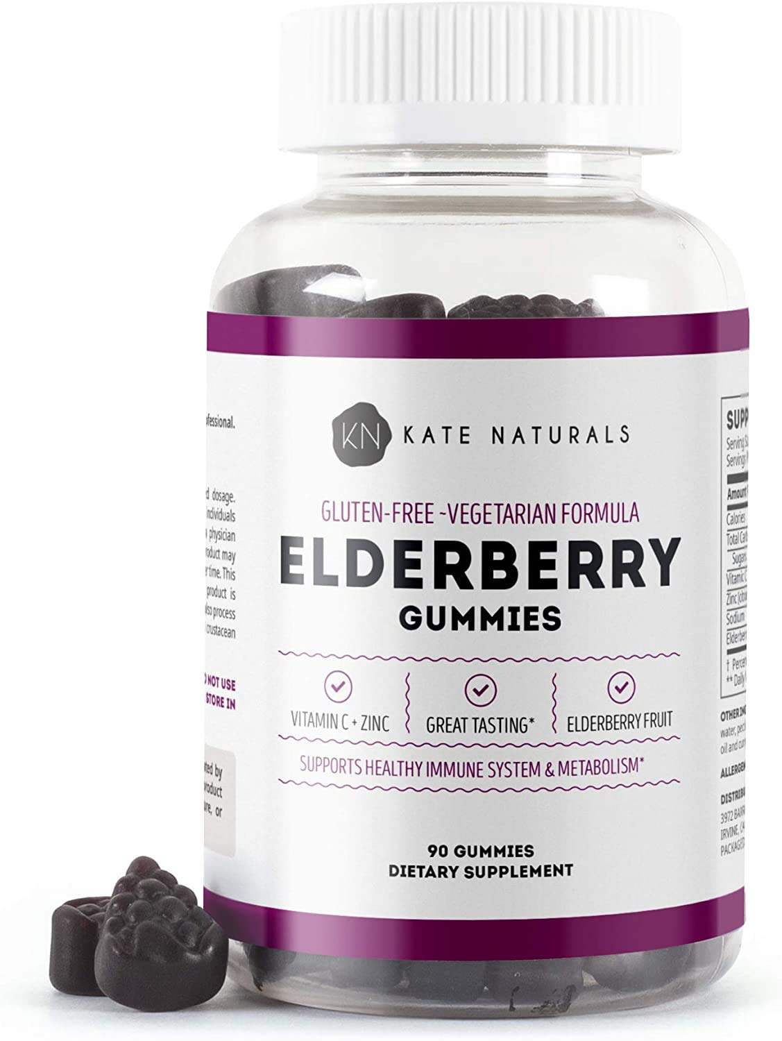 Kate Naturals Elderberry Gummies with Zinc & Vitamin C - Immune Support Supplement for Adults & Kids (90 Count, 45 Day Supply) | Delicious Berry Flavor for Daily Wellness & Cold Season Protection