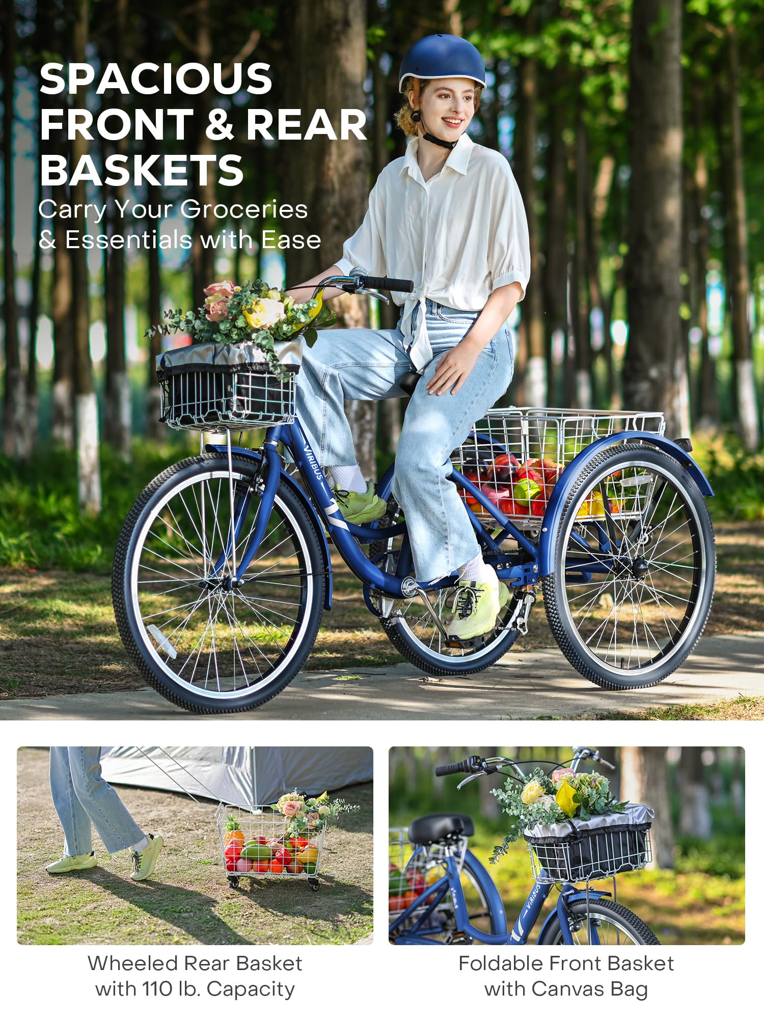 Viribus 7-Speed Adult Tricycle with Removable Front & Rear Baskets - 24/26 Inch 3-Wheel Bike for Men & Women - 400lb Capacity - Perfect for Grocery Shopping, Senior Rides & Outdoor Recreation