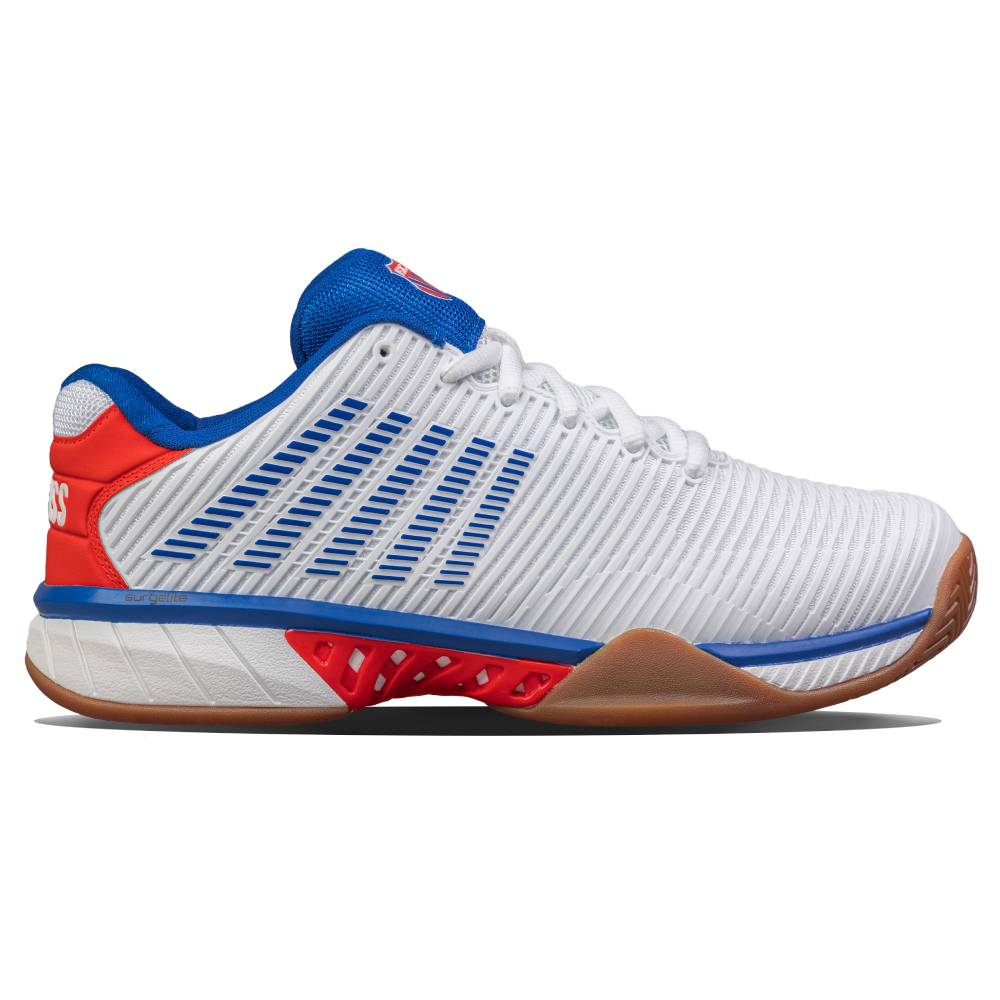 K Swiss Hypercourt Express 2 Men's Indoor Tennis Shoes - White/Red - Lightweight & Breathable Court Shoes for Men - Perfect for Indoor Tennis, Badminton & Squash