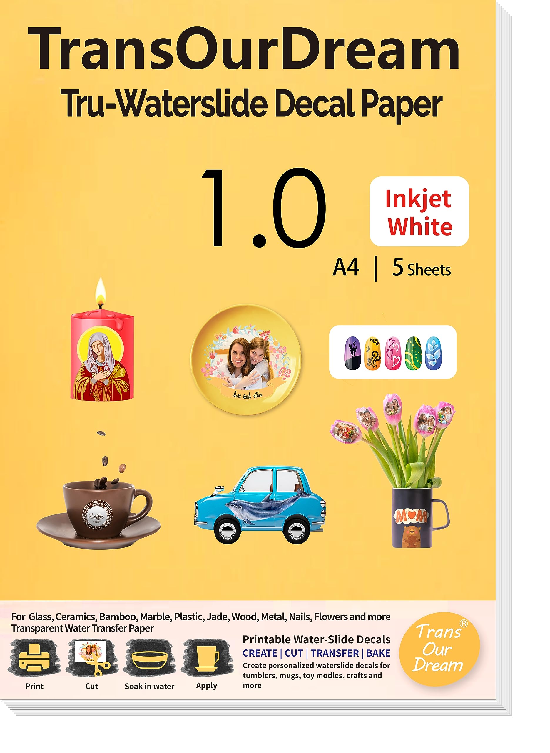 Premium White Inkjet Water Slide Decal Paper - 5 A4 Sheets Transparent Waterslide Transfer Paper for DIY Tumblers, Mugs & Glasses | Perfect for Custom Drinkware, Personalized Gifts & Craft Projects