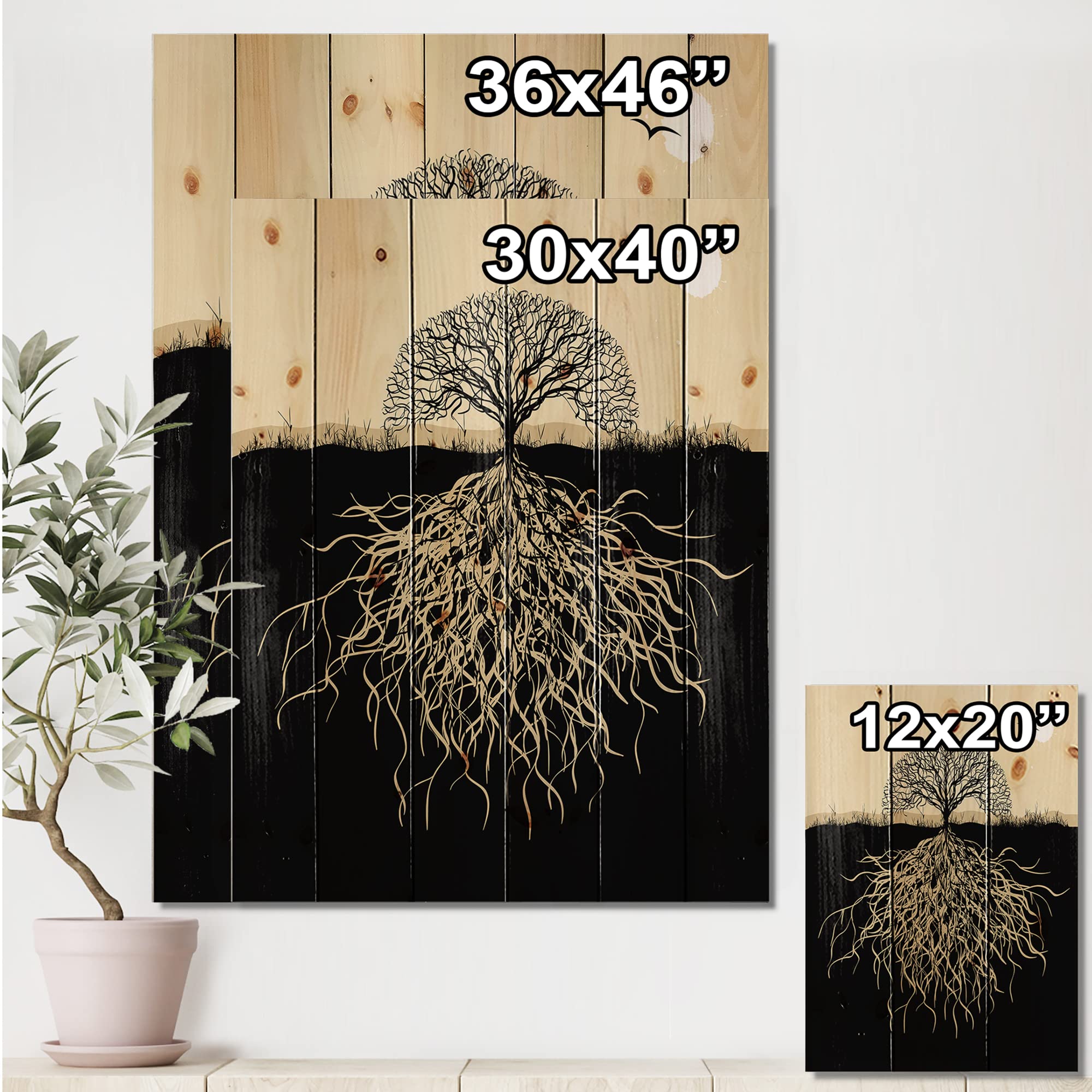 DesignQ Tree Silhouette Wall Art - Black Wooden Wall Decor with Roots, Large Landscape Panel Printed on Natural Pine Wood - Perfect for Living Room, Bedroom & Office Decor