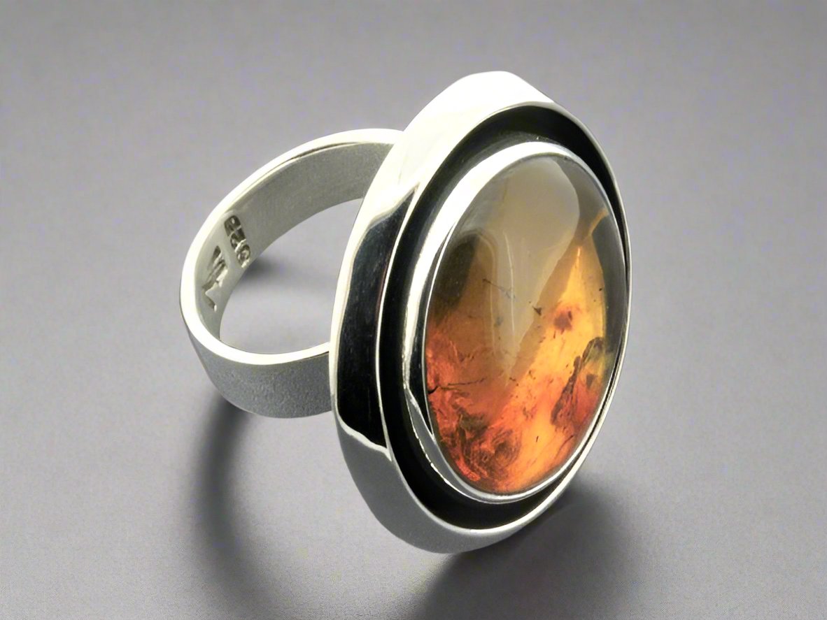 Vintage Double Bezel Ring with Genuine Amber & Oxidized Silver - Perfect for Boho, Gothic & Everyday Jewelry Styles