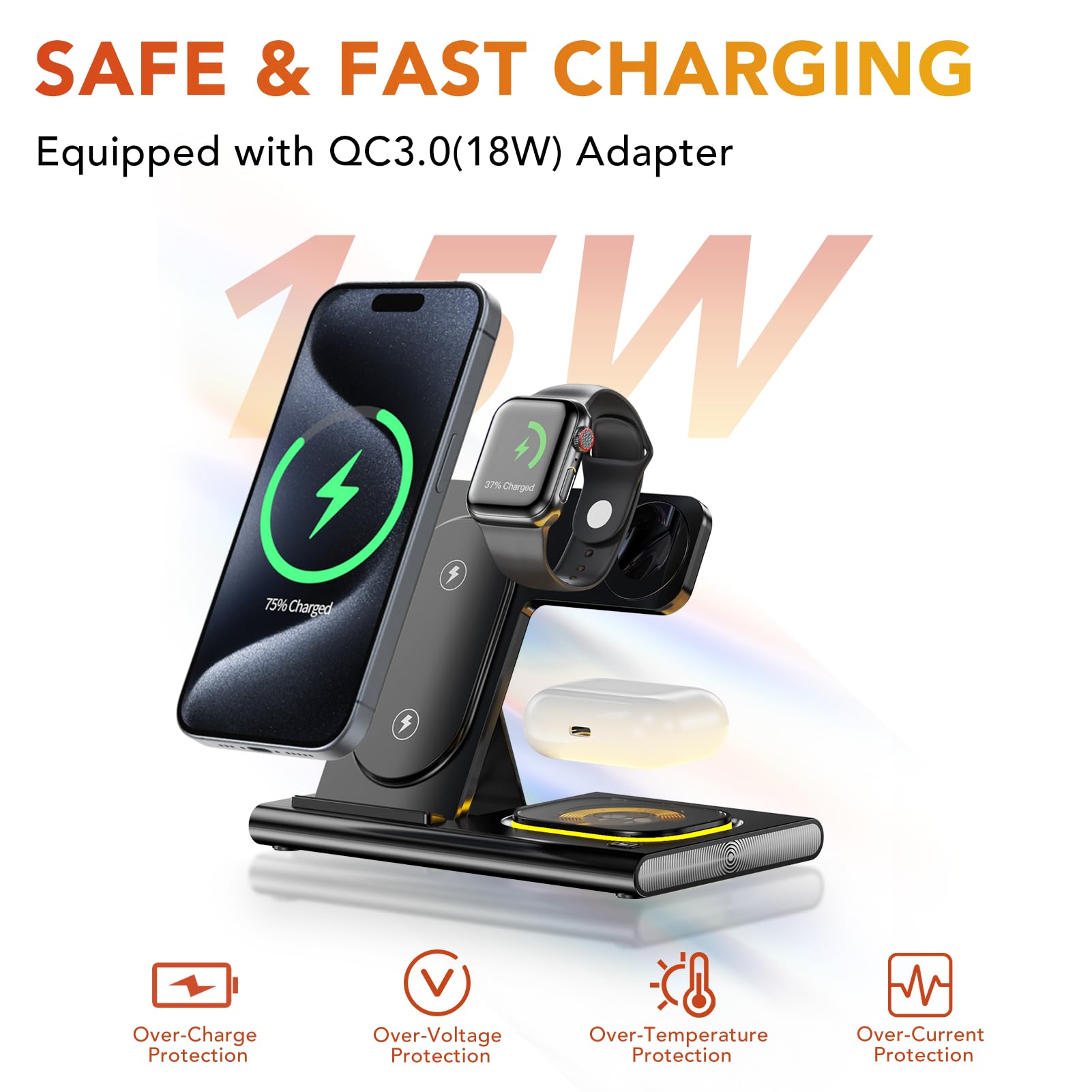 3-in-1 Foldable Wireless Charging Station for iPhone 16/15/14/13/12/11 Series, Apple Watch & AirPods 4/3/2/Pro/Pro 2 - Multi-Device Fast Charger with Night Light (Black) | Perfect for Bedside, Office & Travel Charging
